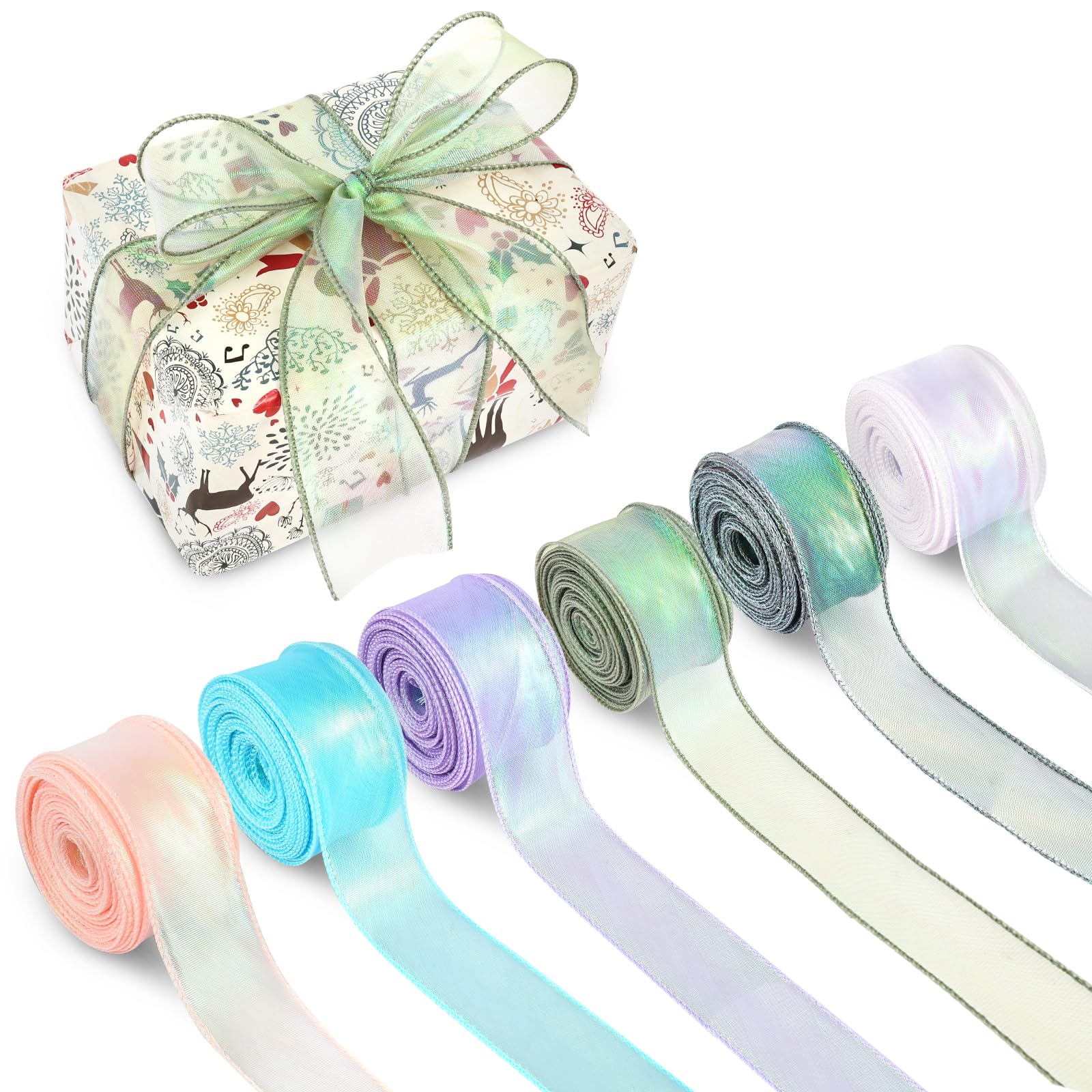 Shaojian Colour 6 Rolls Of Ribbons For Gift Wrapping, 4Cm X 9M Iridescent Organza Ribbon, Clear Shimmering Craft Ribbon For Wedding Birthday Christmas Bouquets & Diy Crafts, Ideal For Party Decor Hair Accessories
