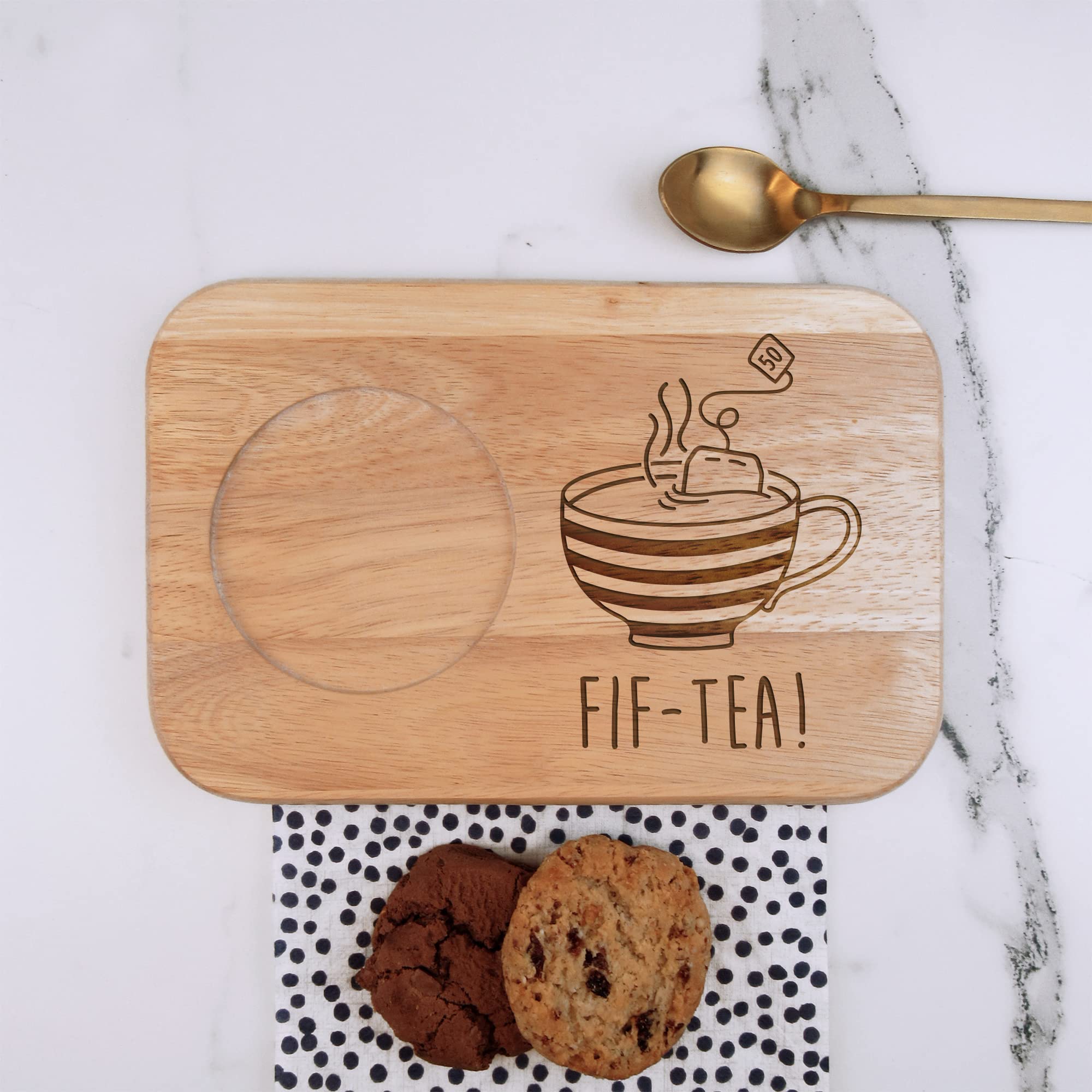 Engraved Tea & Biscuit Board -"FIF-TEA" Design - Wood Coffee Treat Board, 50th Milestone Birthday Gifts for Men, Him - Fiftieth Gift for Friend, Brother, Son, Dad, Husband