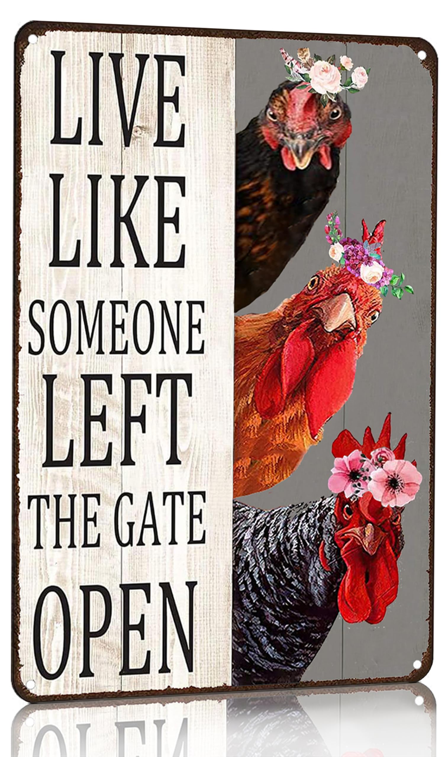 Chicken Live Like Left Gate Open Tin Sign, 8x12 Inch
