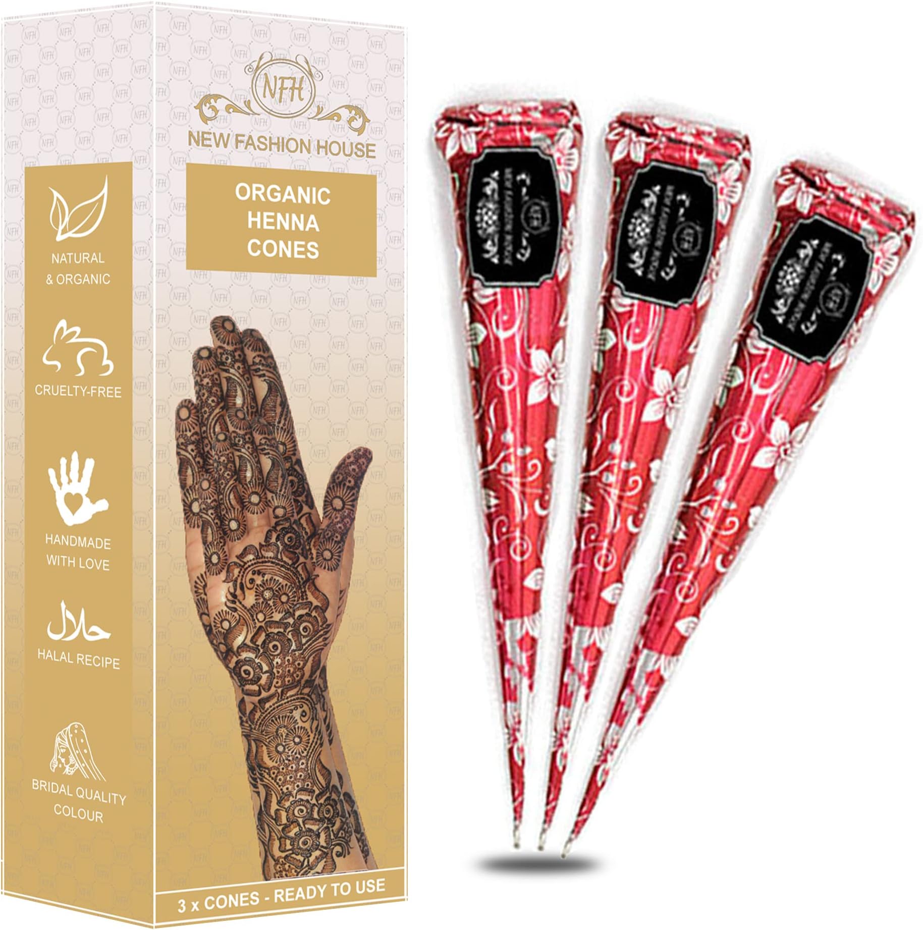– Organic Henna Mehindi XL Cones Ready to Use (Pack of 3) No Chemicals, No Dyes