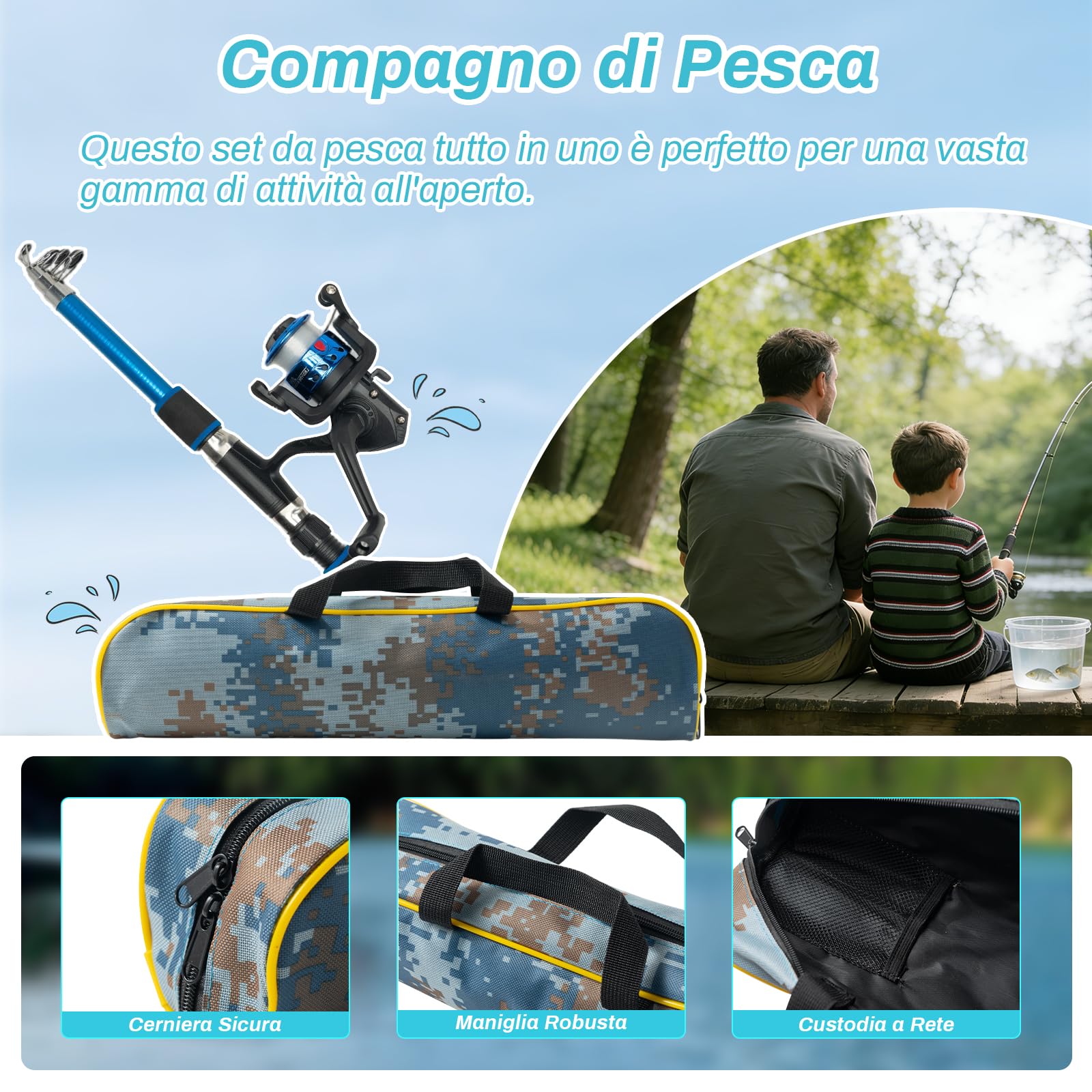 Kit Iniziale per Bambini e Principianti, 2 Canne da Pesca Telescopiche Portatili 1,8m con Mulinello Spinning 5.2:1, Set Completo con Lenza, Esche, Accessori e Borsa per Acqua Dolce e Salata