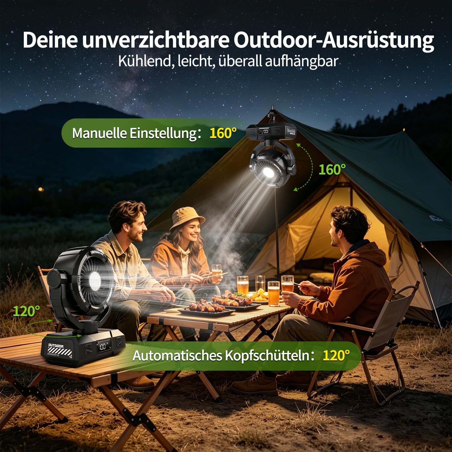 Ventilatore portatile da campeggio, 10000 mAh, alimentato a batteria, ultra sottile, con lanterna a LED, telecomando, gancio per tenda, fino a 26 ore di autonomia, rotazione di 120°, ventilatore da