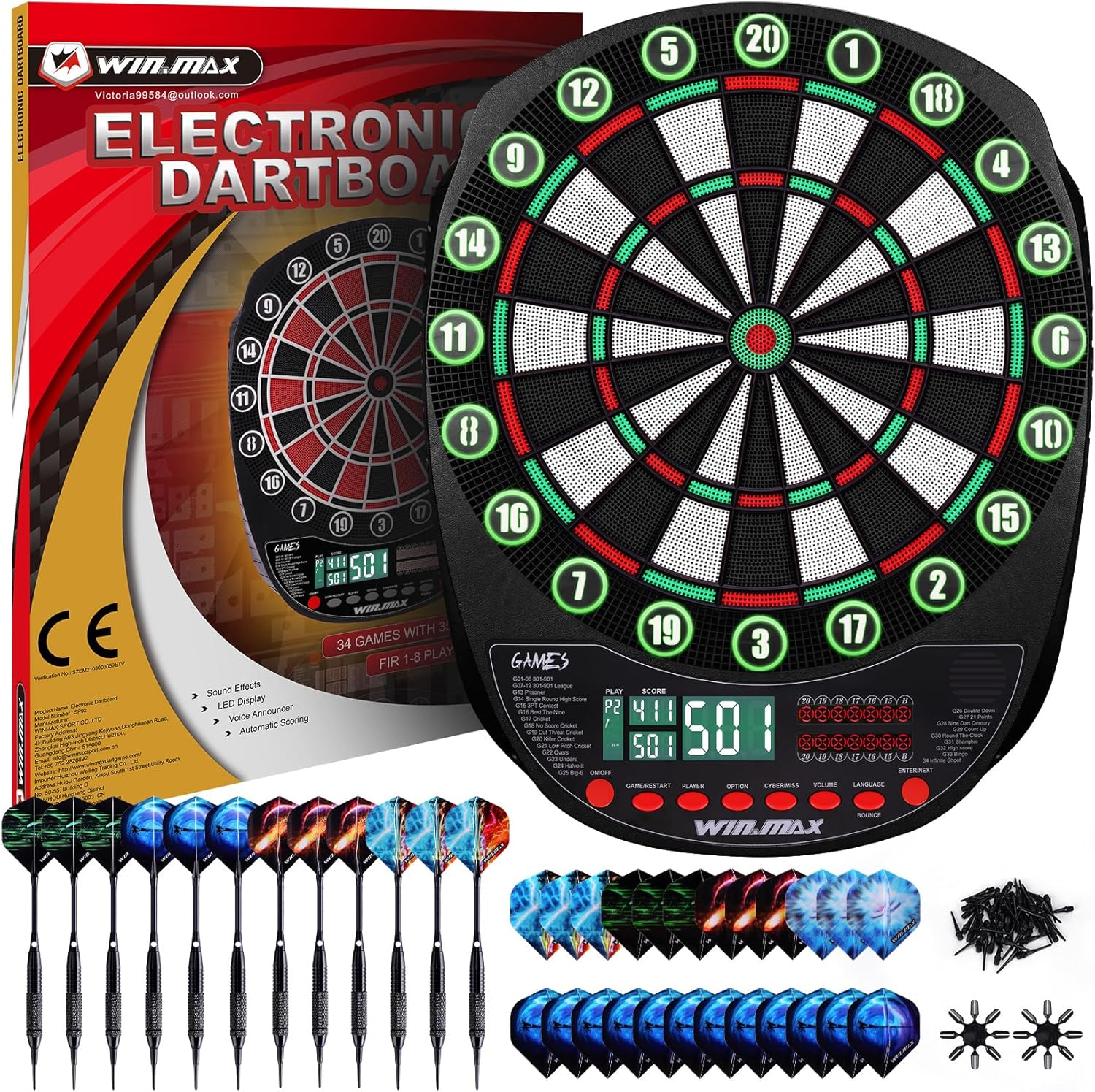 WINMAX Electronic Soft Tip Dartboard with LED Displays, 34 Games, 12 Darts & 100 Tips - 8 Players, 3 Languages