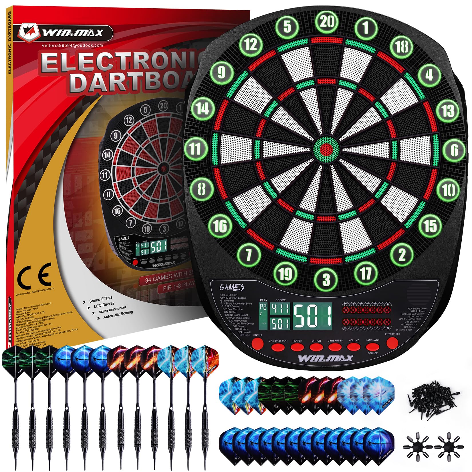 WIN.MAX Elektronische Dartscheibe Profi Set 34 Games mit 354 Varianten3 Sprachen: Deutsch, Englisch, Französisch für 1 bis 8 Spieler mit 12 Darts