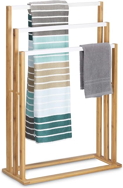 Relaxdays Bamboo Stand Size: Approx 82 x 54 x 24 cm Ascending Holder w/ 3 Rails as Elegant Bathroom Accessory Freestanding Rack for Bath and Hand Towels Style, Natural Brown/White, 24 x 54 x 82 cm
