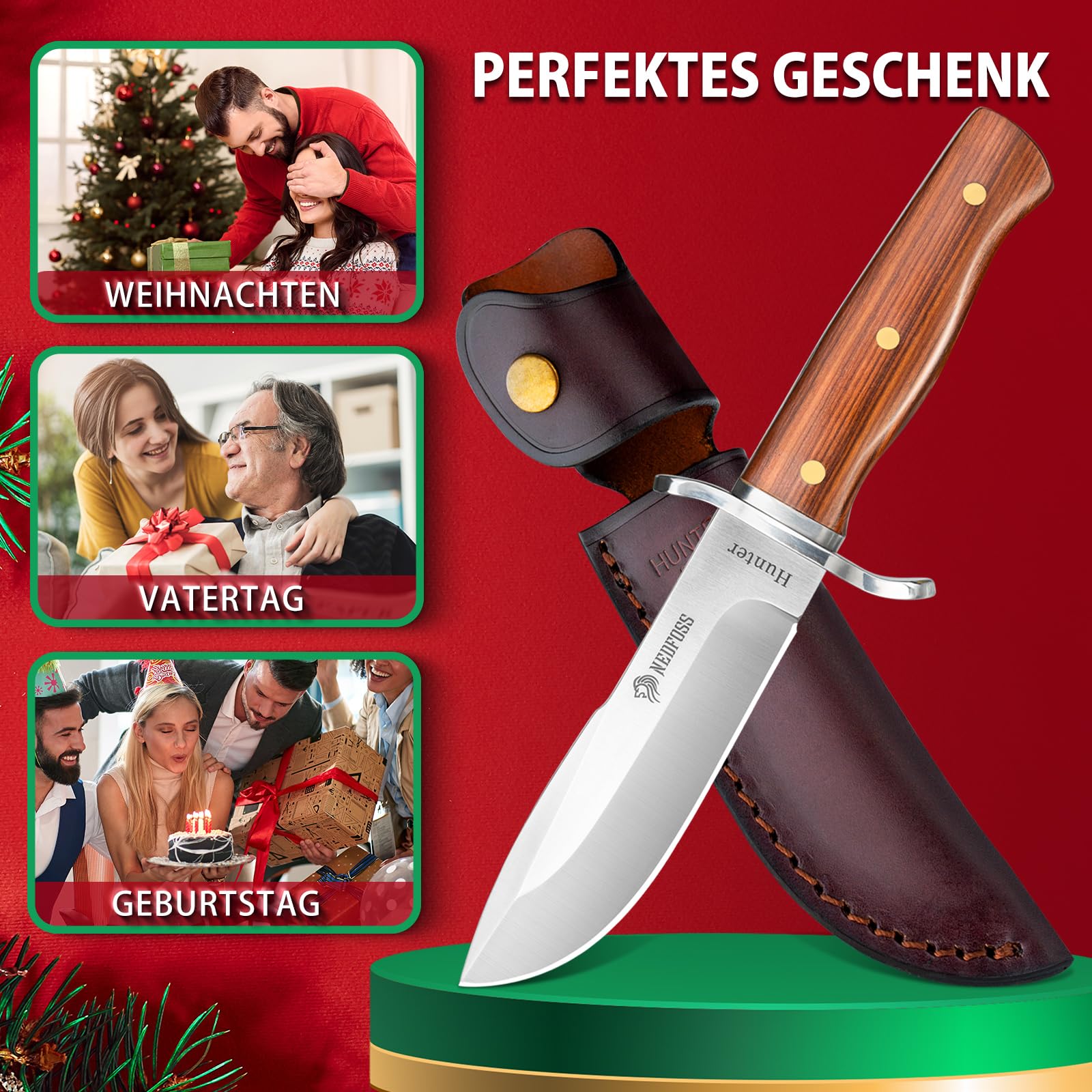 NedFoss Coltello da caccia affilato Hunter, coltello da sopravvivenza per esterni, affilatore D2 con squisita custodia in pelle, manico in legno rosso, 59-60HRC, extra affilato, marrone