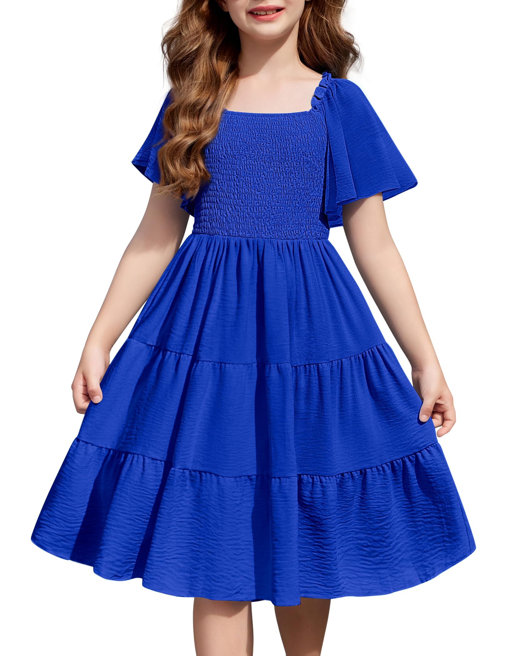 Arshiner Girls Summer Dress Tween Boho Casual Smocked Swing Flowy Ruffle Midi Dresses with Pockets