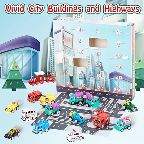 Miniatura 3 de Paquete de 24 juguetes para tirar hacia atrás, mini vehículos de construcción de plástico y auto de carreras, calendario de Adviento de Navidad,
