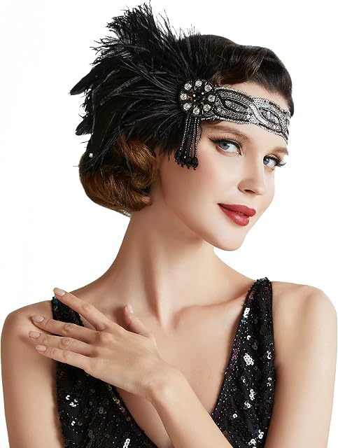 BABEYOND Feather Headband 1920s Headpiece Vintage 1920s Flapper Headband Feather Crystal Headband Great Gatsby Costume Accessories Roaring 20's Accessories