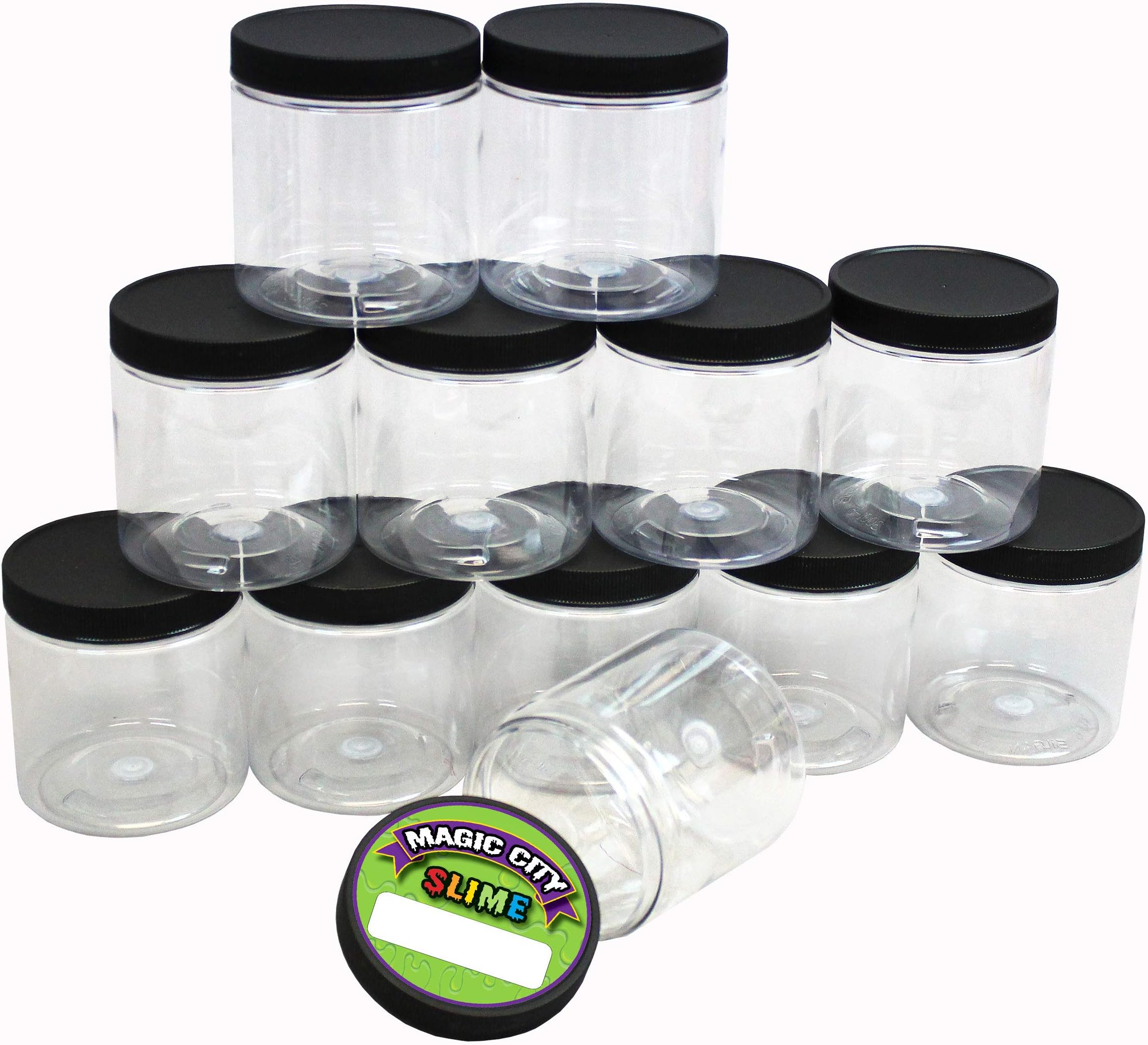 Magic City Slime Empty Slime Storage Containers with Labels, Pack of 12 Clear, 8-Ounce Plastic Storage Jars with Airtight Lids - BPA Free, Made in USA