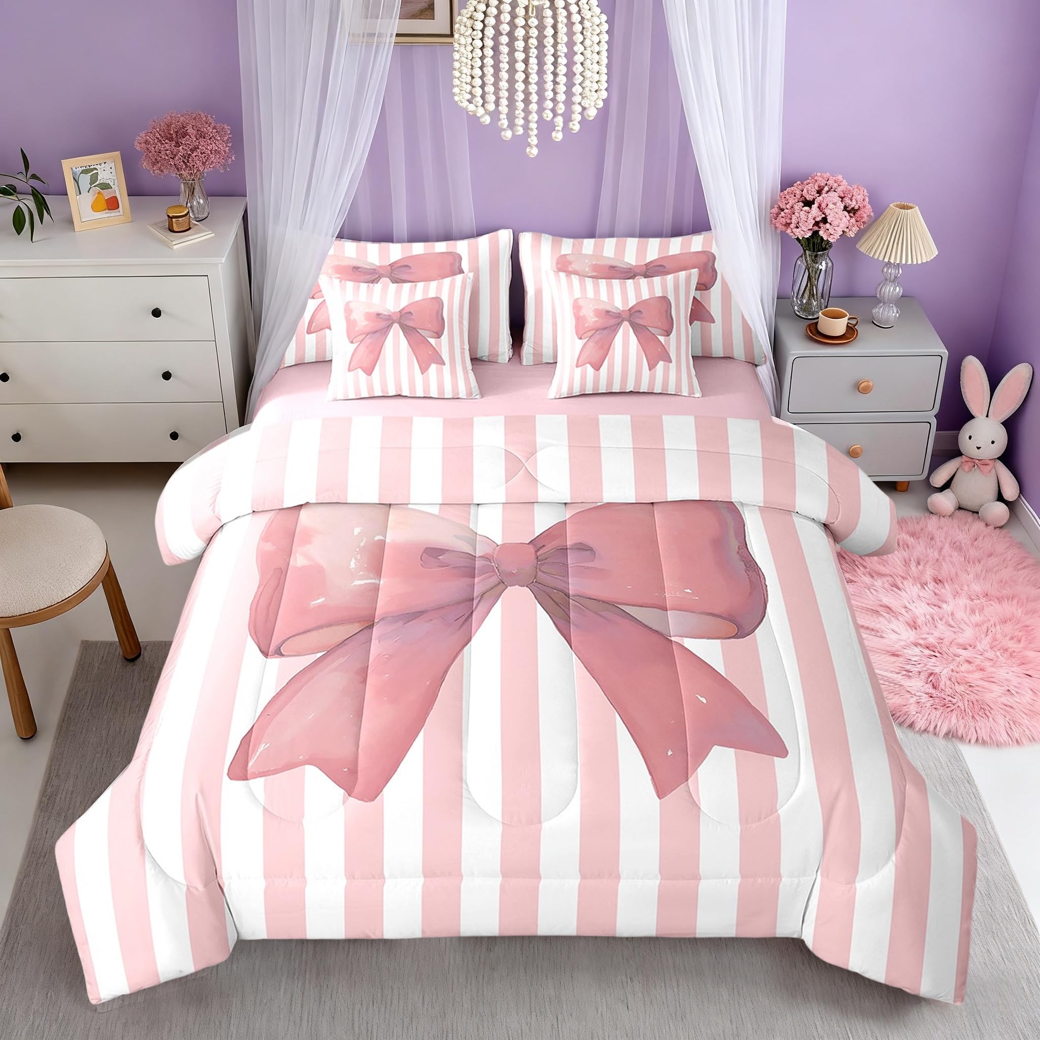 Bettwäsche-Set mit rosa Schleife, 7-teilig, für Queen-Size-Betten, verträumte Aquarell-Fliege, Kawaii-Bett in einer Tasche für Teenager, Cartoon-Prinzessinnen-Stil, geometrische rosa Streifen