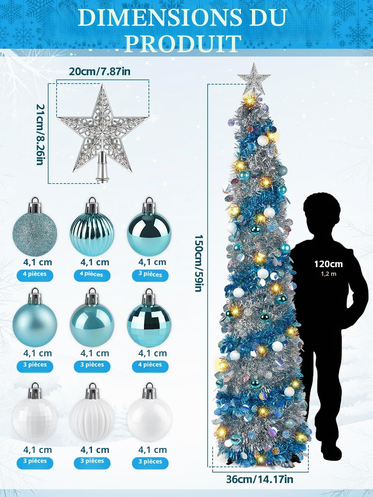 Kalolary 5 Pieds Sapin Noël Pop Up Arbre Artificiel avec Boules Décorative | Arbre De Noël Pliable Sapin de Noël Bleu Argenté Ornements pour la Maison la Fête Cheminée Décoration Intérieure
