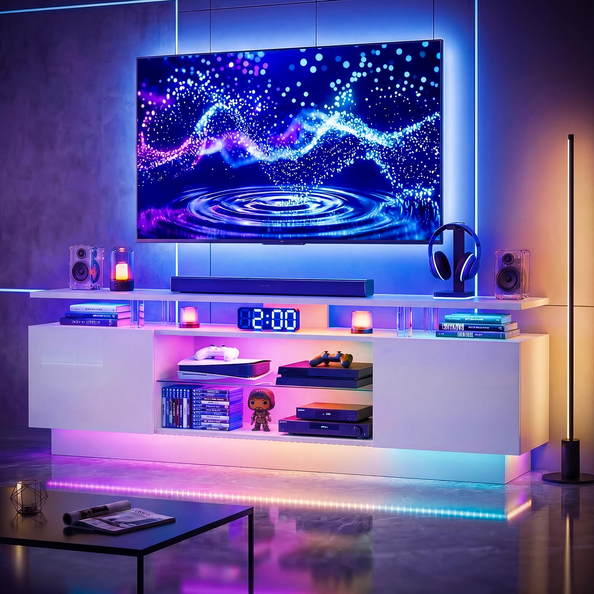 Nordivale 70โ High-Glossy TV Stand with 2 Side Cabinets, Modern Stylish TV Console with 3 Layer LED Lights,Gaming TV Media Console with Adjustable Glass Shelf, Remote&APP Control, White