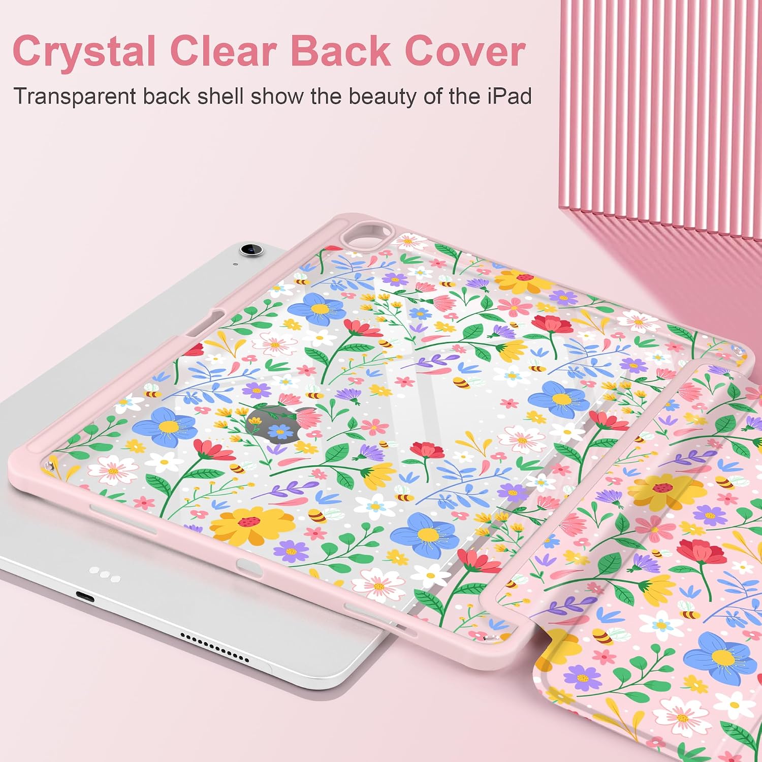 MEEgoodo Case for iPad Air 13 inch 2026(M4) / 2025(M3) / 2024(M2), Tablet Cases with Transparent Acrylic Back Shell, Cover with Pencil Holder + Auto Wake/Sleep + Trifold Stand, Flat Spring Floral