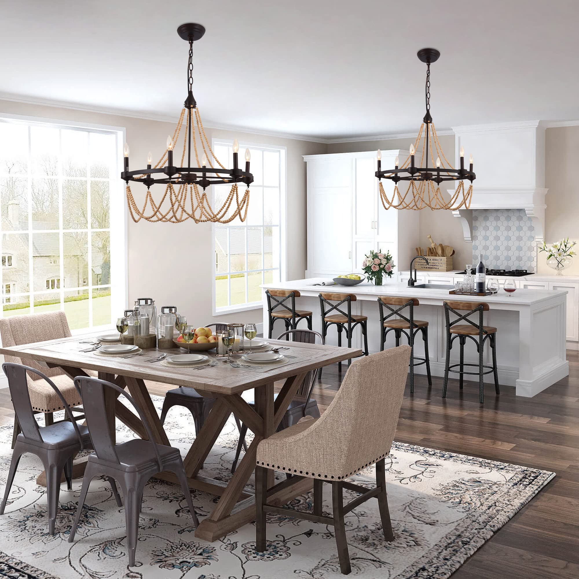 COCOSTAR 28" Natural Wooden Bead Tassel Rust Iron Black Wagon Wheel Farmhouse Chandelier, 6-Light Retro French Country Candle Chandeliers for Living Room, Coastal Boho Hanging