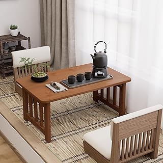 Japanese Bamboo Folding Floor Table, Portable Low Coffee Table for Small Spaces, Foldable Tatami Tea Table for Sitting on Floor, No Assembly Chabudai Table for Zen Living Room (Brown)