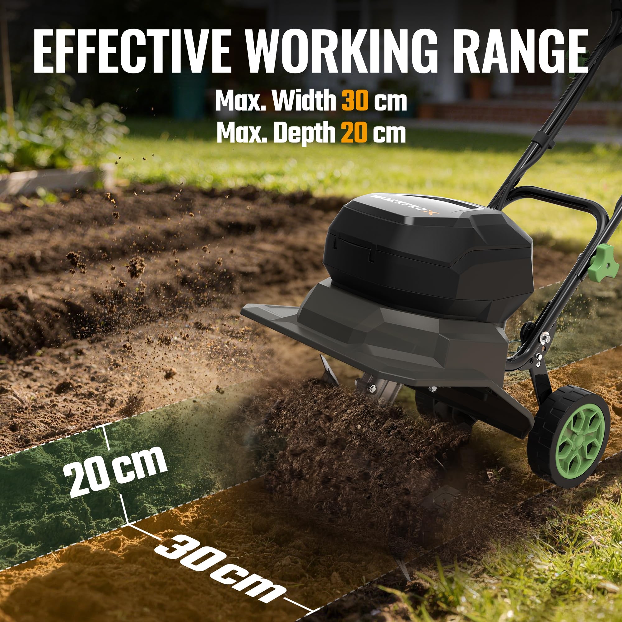 WORKPRO 40V akumulatorowa glebogryzarka ogrodowa, glebogryzarka z akumulatorem 2×4,0Ah, bezprzewodowa i bezolejowa, szerokość frezowania 30 cm i głębokość robocza 20 cm, 4-krotnie regulowane koła