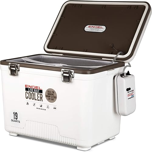 Engel 19qt Live Bait Cooler Box with 2nd Gen 2-Speed Portable Aerator Pump Fishing Bait Station and Minnow Bucket for Shrimp Minnows and Other Live