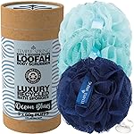 Temple Spring Recycled Luffa Sponge, Bathroom Shower Accessories, Loofa Bath Sponge, Exfoliating Body Scrubber Exfoliator Pouf, Shower Scrubber Puff, Poof, Loofah for Women, Loofah for Men -Ocean Blue