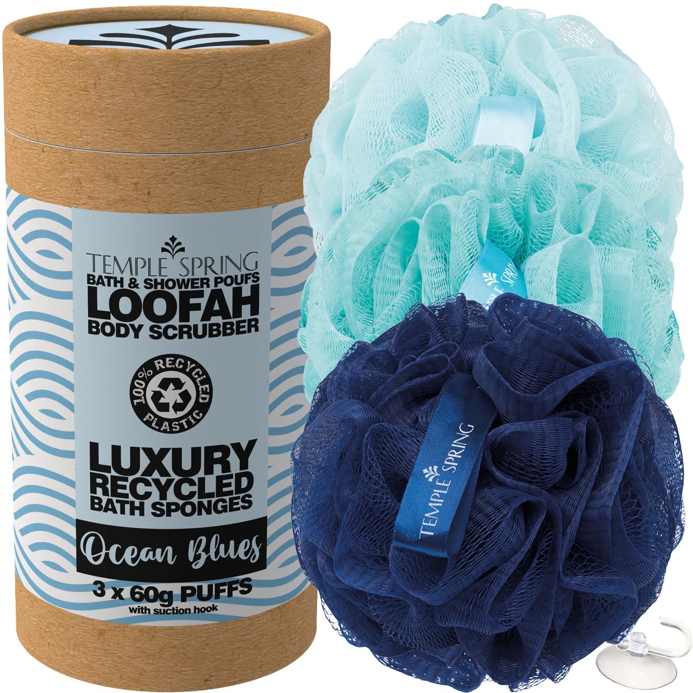 Loofah Shower Sponge, Recycled Body Scrubber Scrunchies, Exfoliating Bath Sponge, Shower Puff Bath Sponges for Adults, Loofah Back Scrubber Pouffe, Loofa Body Scrub Exfoliator Ocean Blue