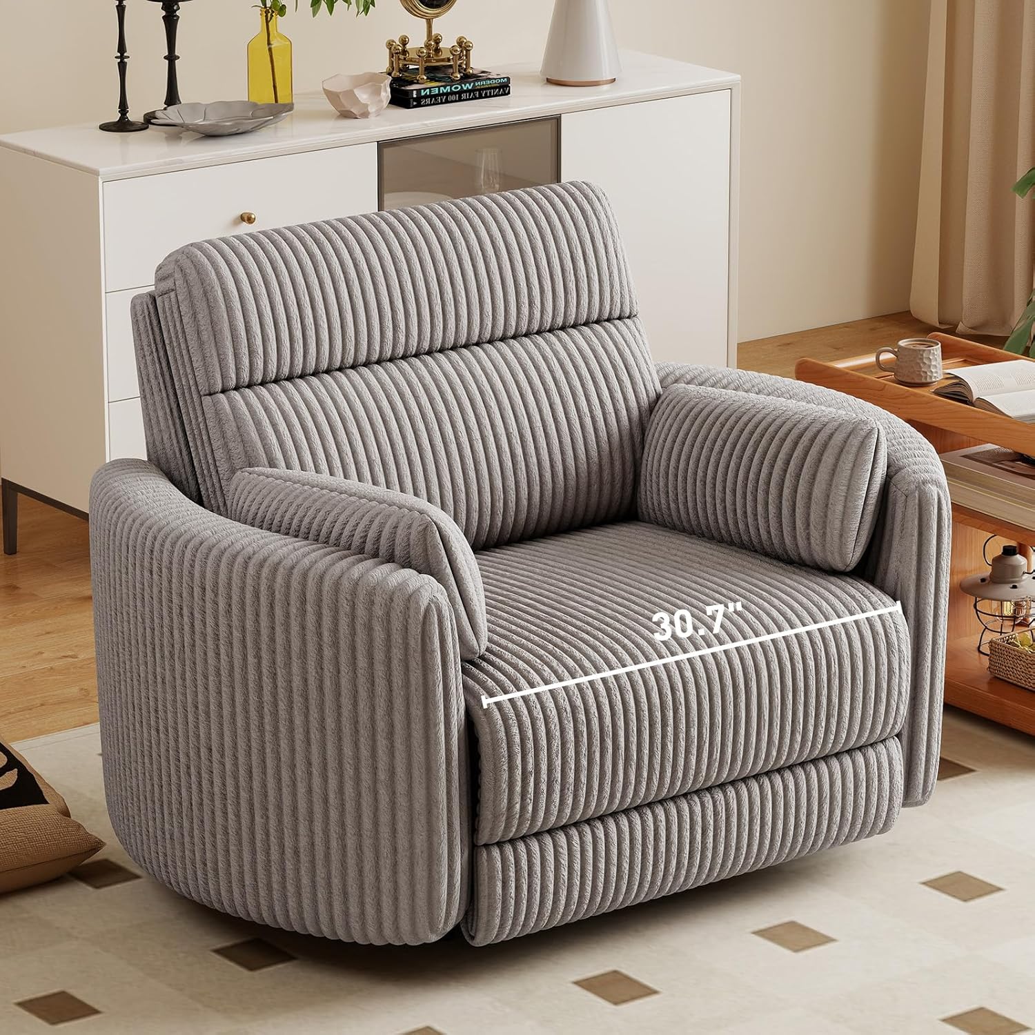 Bonzy Home Oversized Electric Recliner Chair for Adults with Extra-Wide Seat Cushion, Overstuffed Corduroy Power Recliner, Modern Round Single Sofa with USB and Type-C for Living Room, Grey