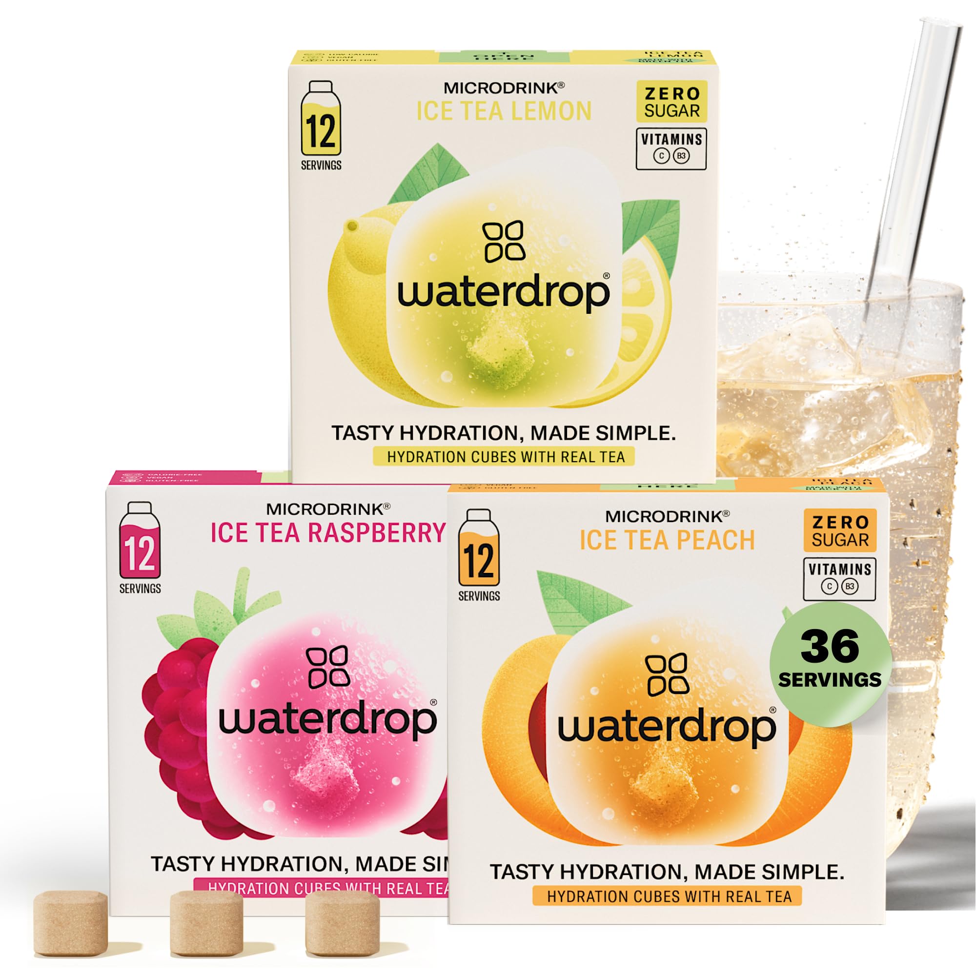 waterdrop® Microdrink Iced Tea Set | 36 Ice Tea Drops Cubes | Zero Sugar Powder | 3 Fruity Varieties: Black Tea + Peach, Green Tea + Lemon, Black Tea + Raspberry | Valuable Vitamins