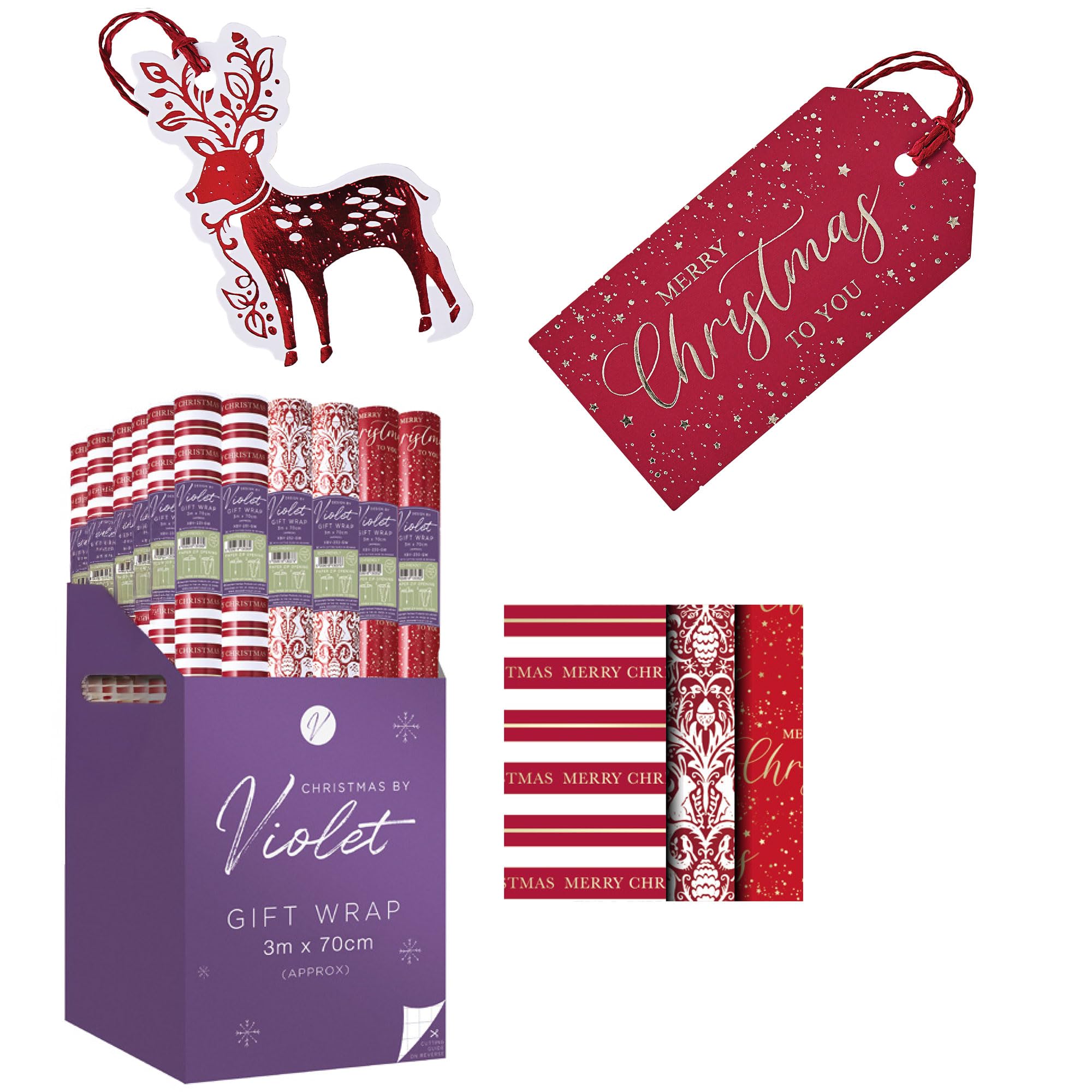 Design By Violet Merry Christmas Red & White Gift Wrap Set – 3 x 3m Wrapping Paper Rolls with Matching Gift Tags – Foil Finish – Luxury Recyclable Xmas Present Wrap for Festive Gifting