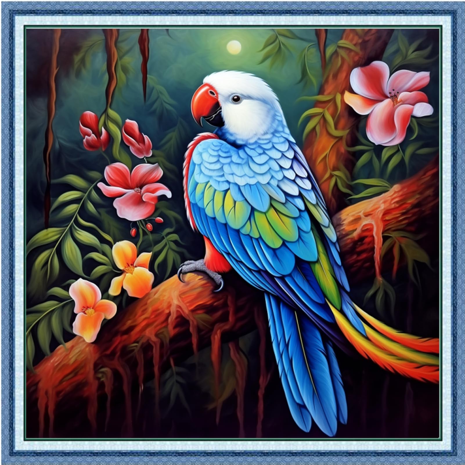 Foxdiviy Stamped Cross Stitch Kits Full Range of Embroidery Needlework Starter Kits for Beginners Adults 11CT Embroidery Patterns Art Crafts DIY Needlepoint Kits-Parrot Flowers 18x18 inch