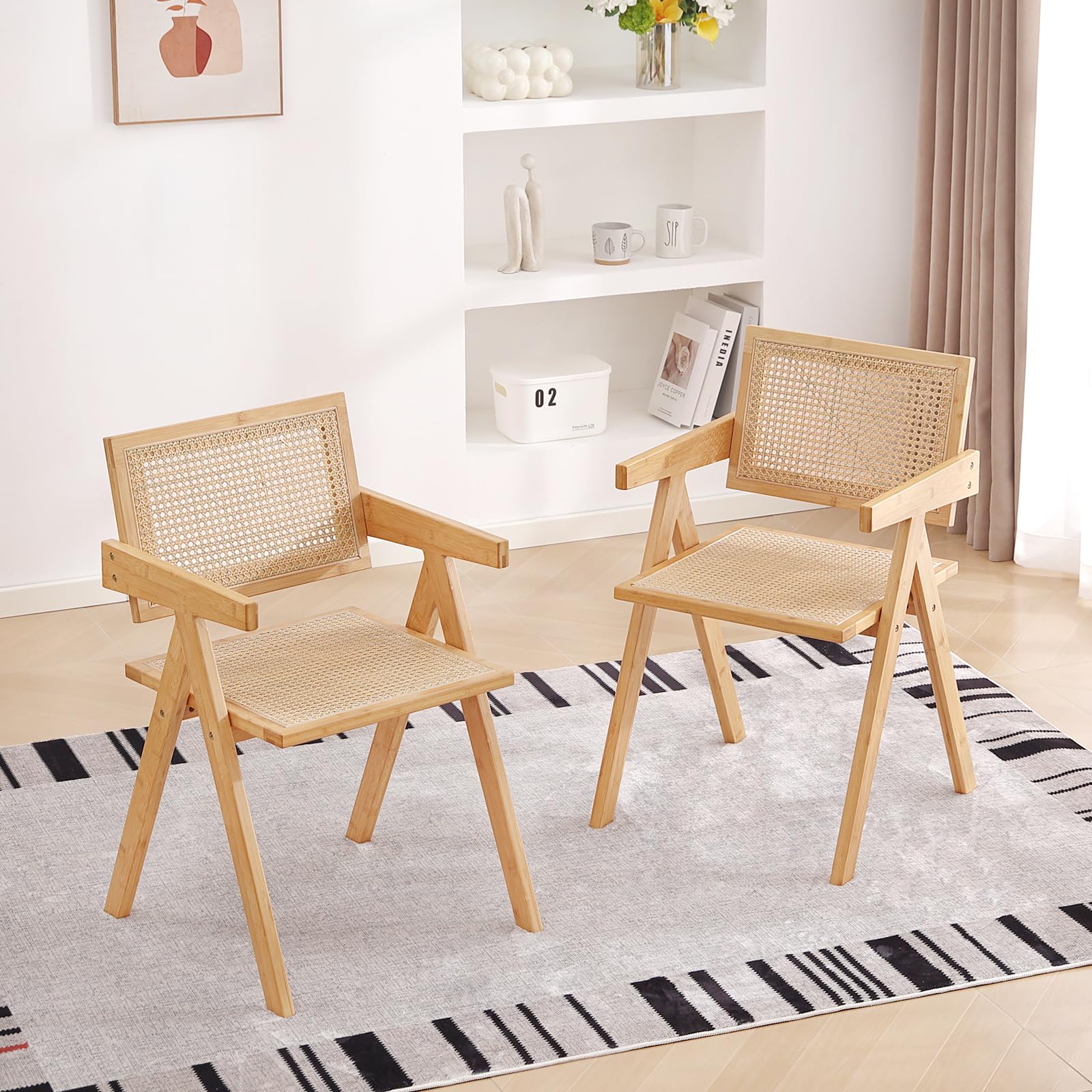 Juego de 2 sillas de ratán modernas de mediados de siglo, sillas de sala de estar de bambú para sala de lectura, comedor, cocina, madera 3