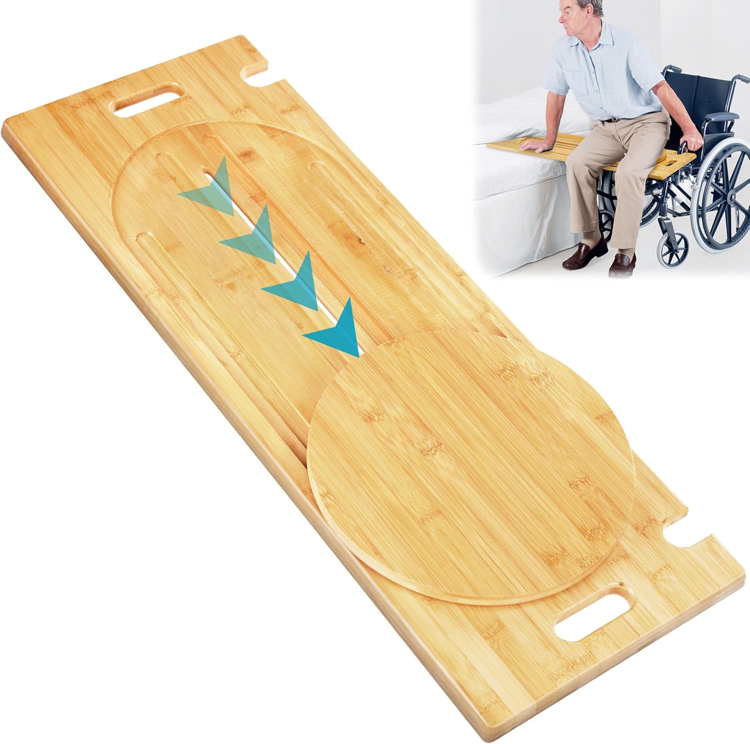 PIRXXIY Bamboo Slide Transfer Board with Pulley Track - 500 lbs Capacity, Handles & Anti-Slip for Safe Wheelchair Bed Transfers