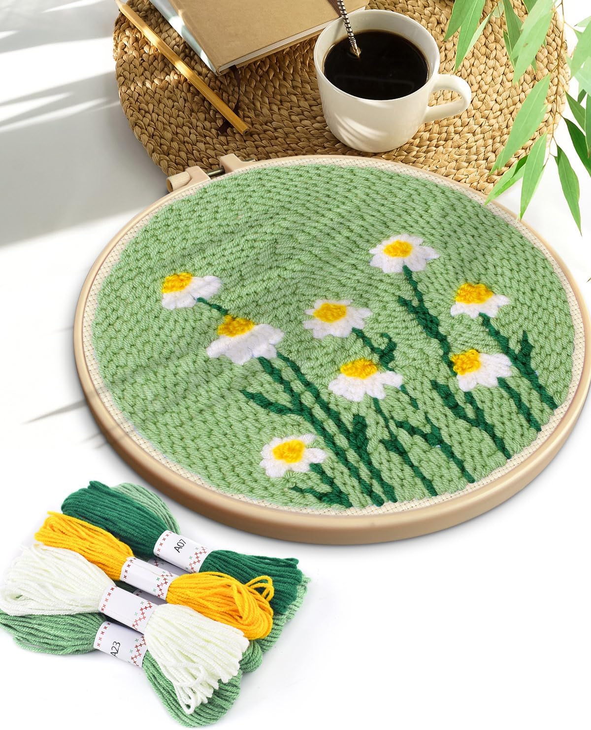 TINDTOP Punch Needle Kit, Daisy Punch Embroidery Kits for Adults Beginner, Tool with Punch Needle Fabric, Hoops, Yarns and Sewing Needles
