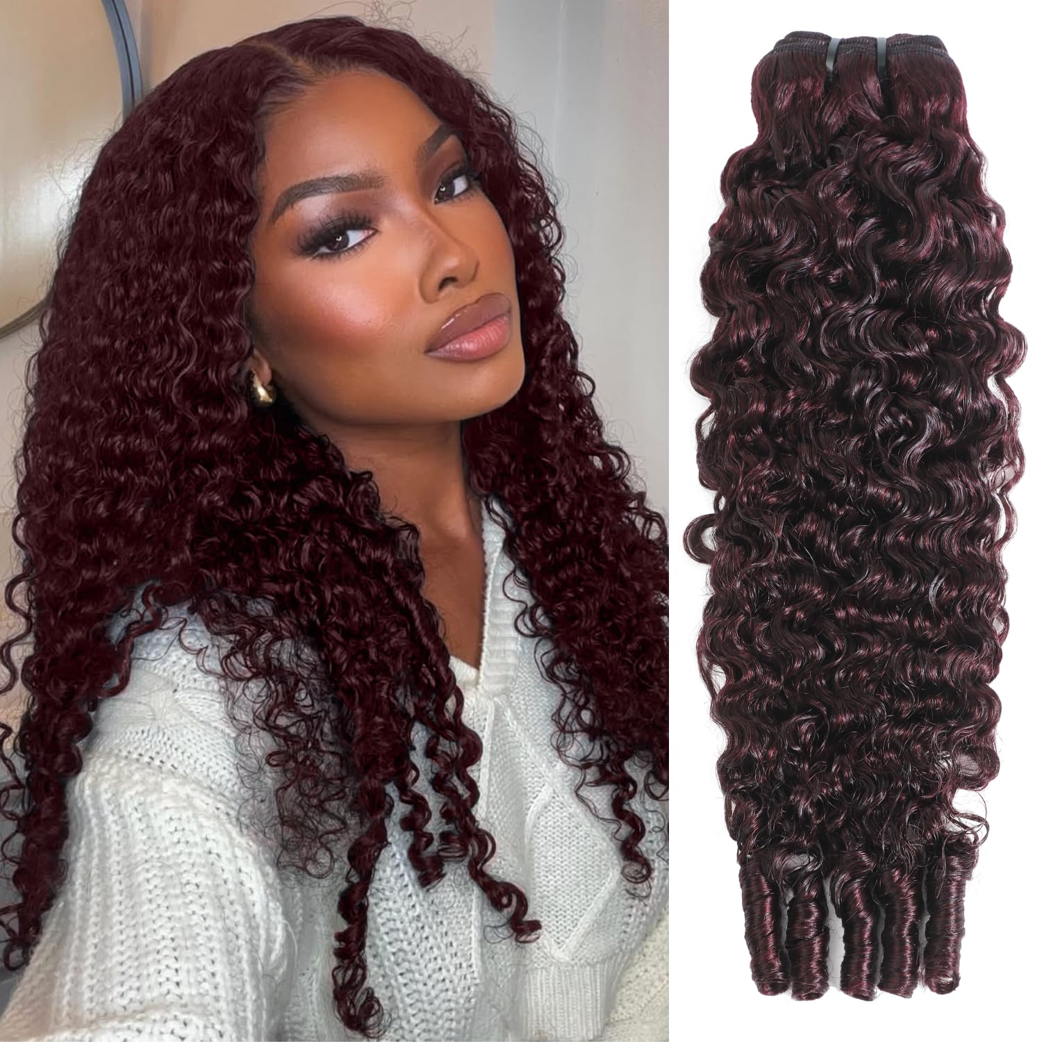 #99J Burmese Curly Bundle Human Hair, 15A Dark Burgundy Curly Bundles 3c4a Water Wave with Spiral Curly End Single Bundle 100% Real Virgin Hair for Black Women Wine Color Soft Sew in 14 Inch