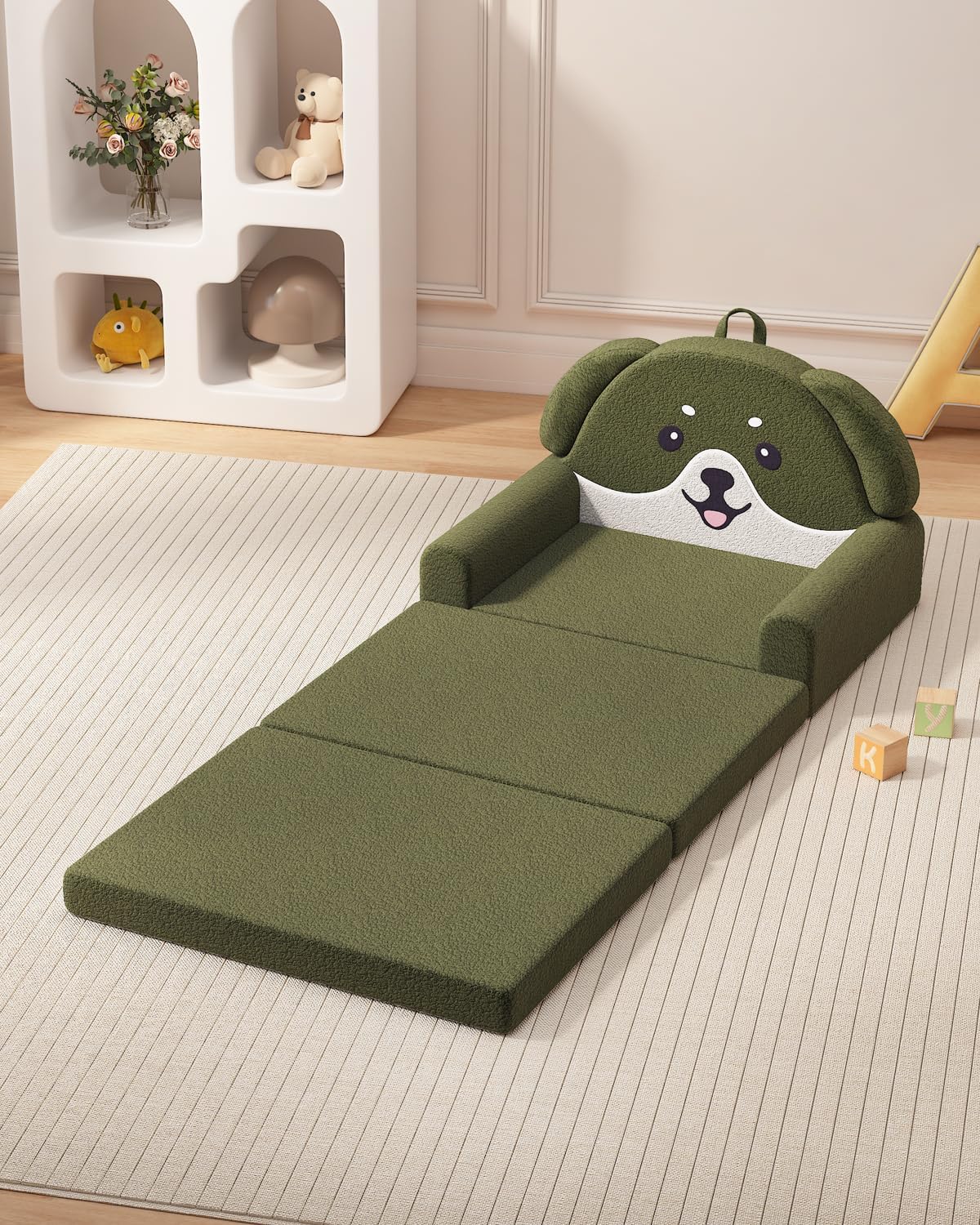 YACODAVO 2-in-1 Kids Couch, Soft Toddler Couch Fold Out for Girl and Boys, Dog Design Foldable Kids Sofa to Lounger, Convertible Kids Chairs Comfy, Gift for Birthday, Children's Day, Dark Green