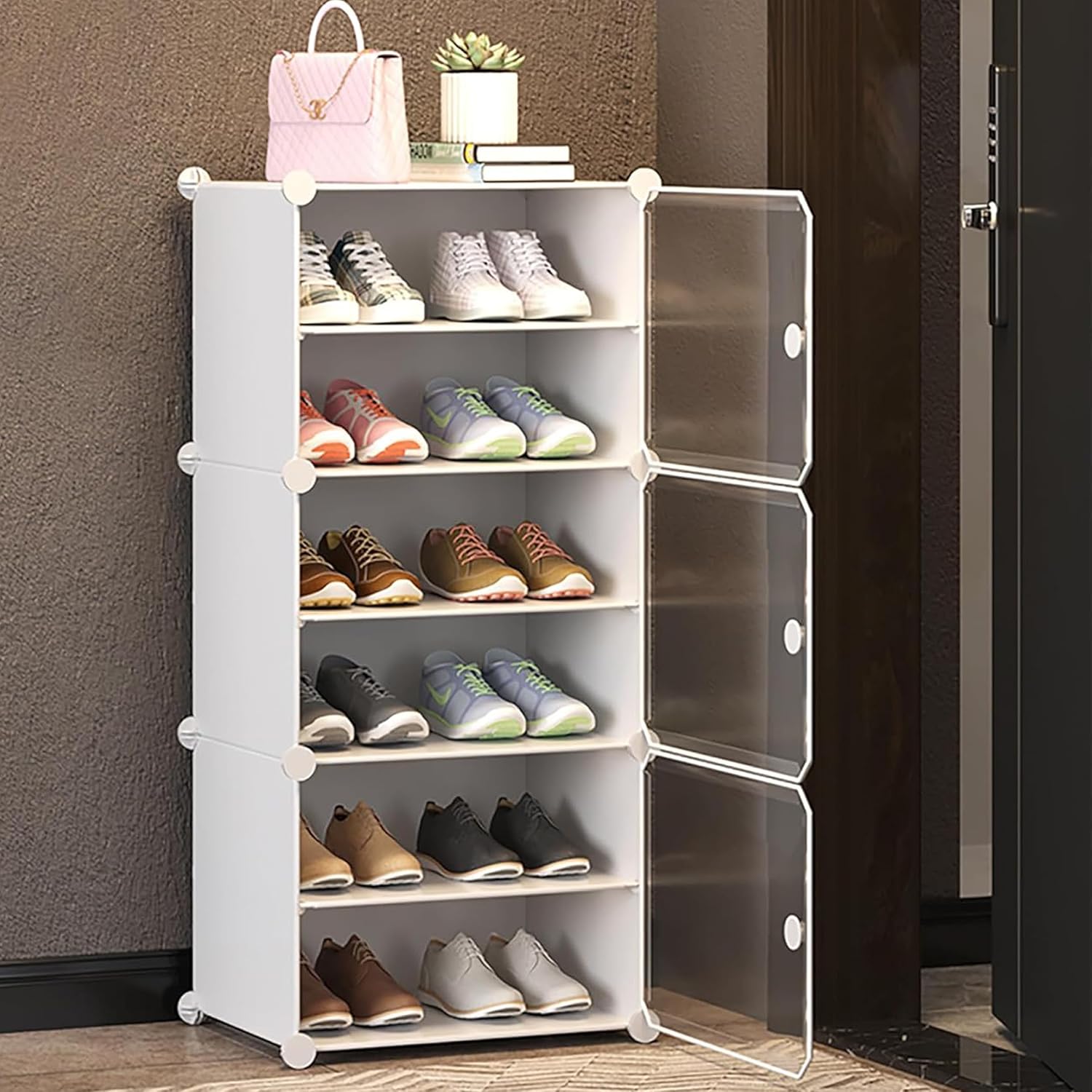 AYSIS 𝟔 𝐓𝐢𝐞𝐫 Shoe Rack for Home with Transparent Doors, Modular Dustproof Shoe Storage Cabinet, Foldable Plastic Space Saving Shoe Stand Organizer for Entryway, Bedroom & Living Room - White