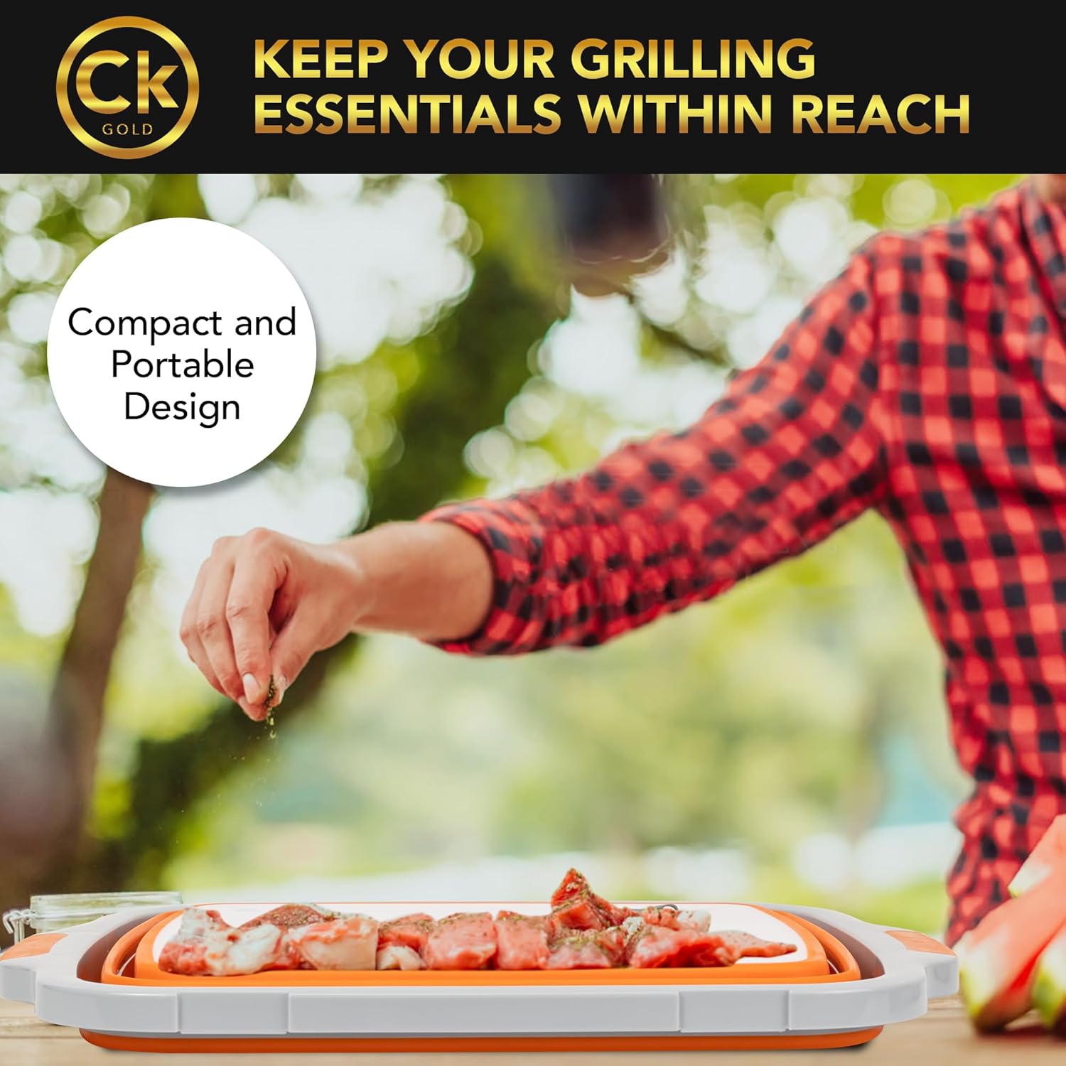 Collapsible BBQ Prep Tub with LOCKING Lid, Cutting Board & Drain Hole | BPA-Free, Food-Grade, Space-Saving Meat Marinating Container for Grilling, Camping & Outdoor Cooking (Orange, 8 Liters)