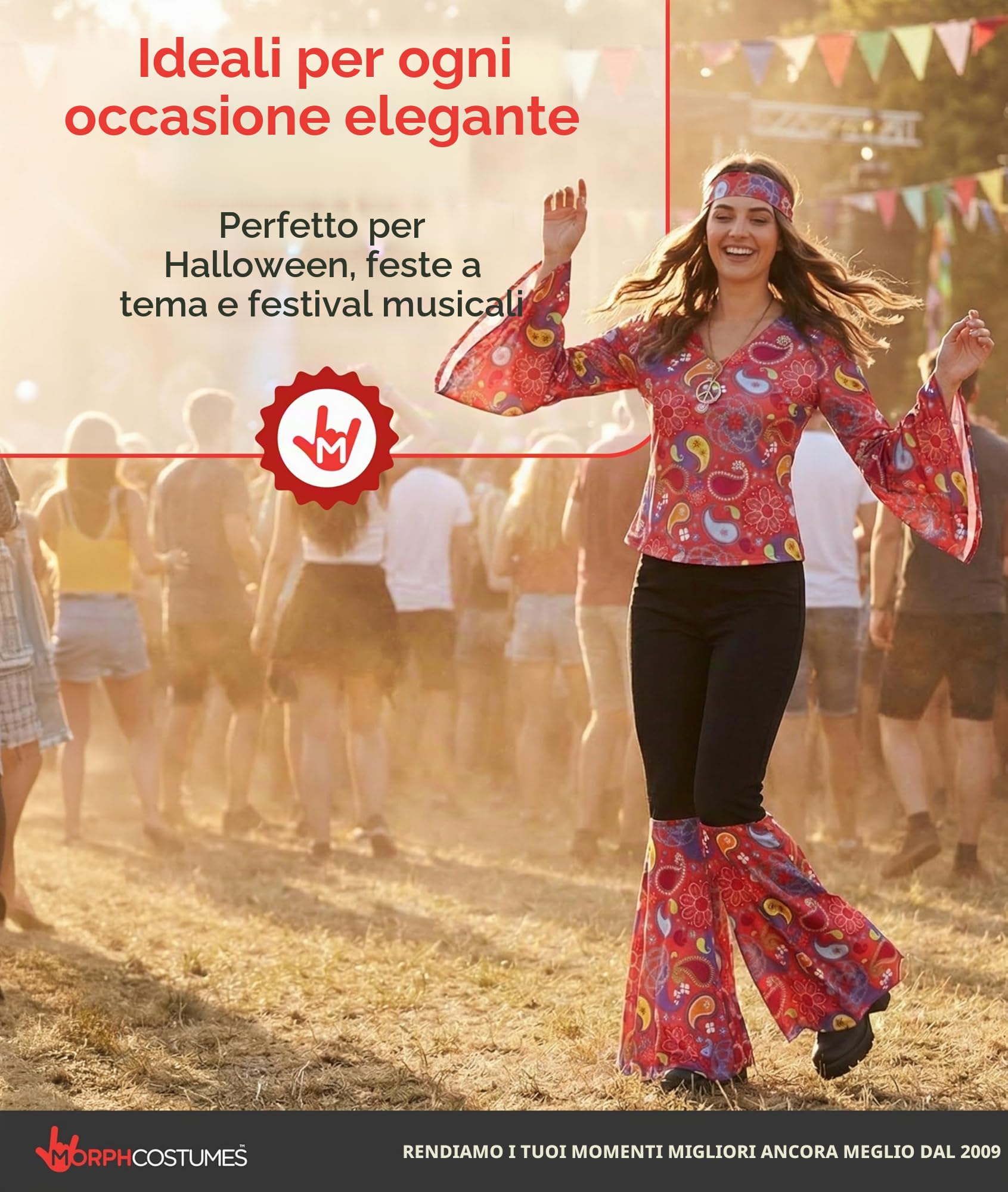 Morph Costumi Anni 70 Donna, Costume Hippie Halloween Donna | Top Paisley, Pantaloni a Zampa & Fascia, Stile Figli dei Fiori, Perfetto per Halloween, Ideale per Travestirsi
