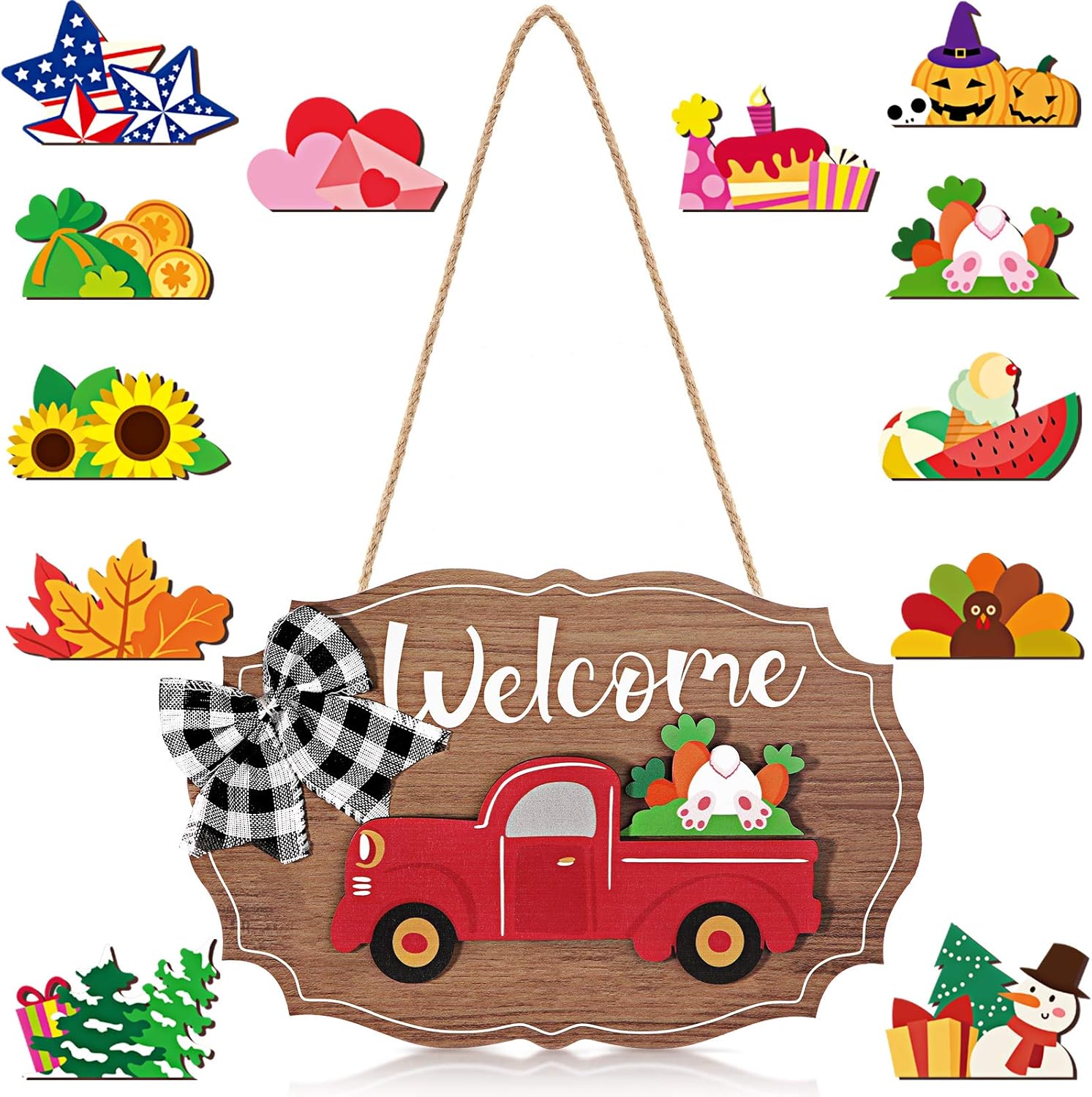 Qunclay 12 Pieces Truck Welcome Sign Front Door Red Truck Decor with Interchangeable Wooden Cutouts for Holiday Independence Day Halloween Christmas (Wood Color)