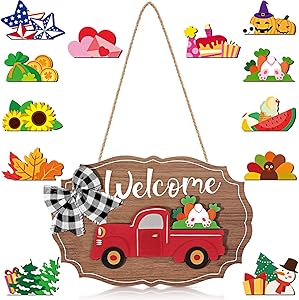 Qunclay 12 Pieces Truck Welcome Sign Front Door Red Truck Decor with Interchangeable Wooden Cutouts for Holiday Independence Day Halloween Christmas (Wood Color)