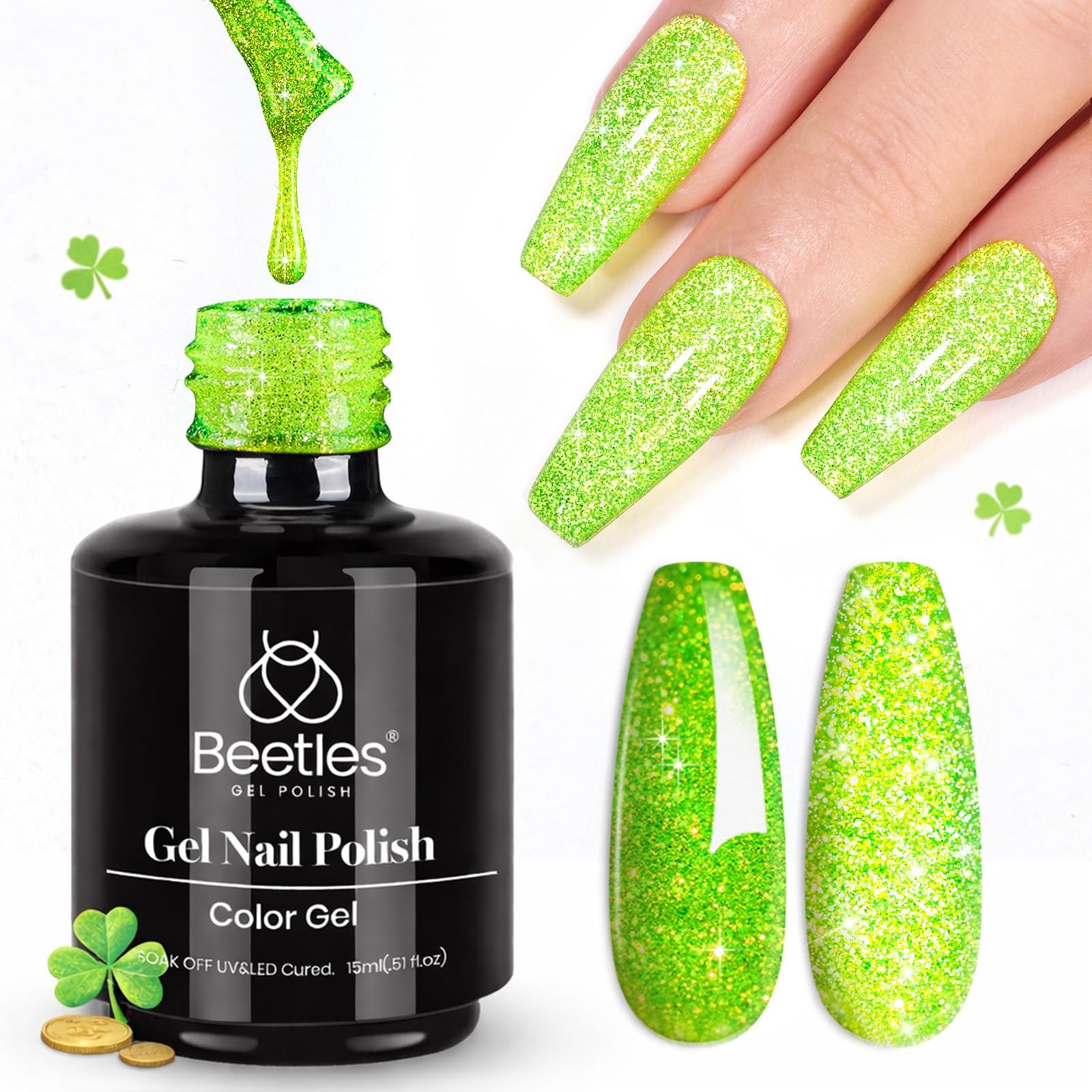 Beetles Green Glitter Gel Nail Polish, Reflective Lime Shock, 1 Fl Oz | Soak Off UV LED Nail Art - main product image