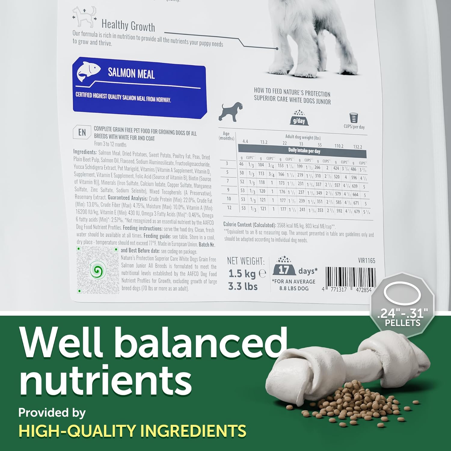Nature's Protection Small & Large Breed Puppy Food Dry - Grain Free, High Protein, Anti-Tear Stain Formula - Dog Kibble for All Breeds with White or Light Fur (Superior Care - Salmon, 3.3 lb)