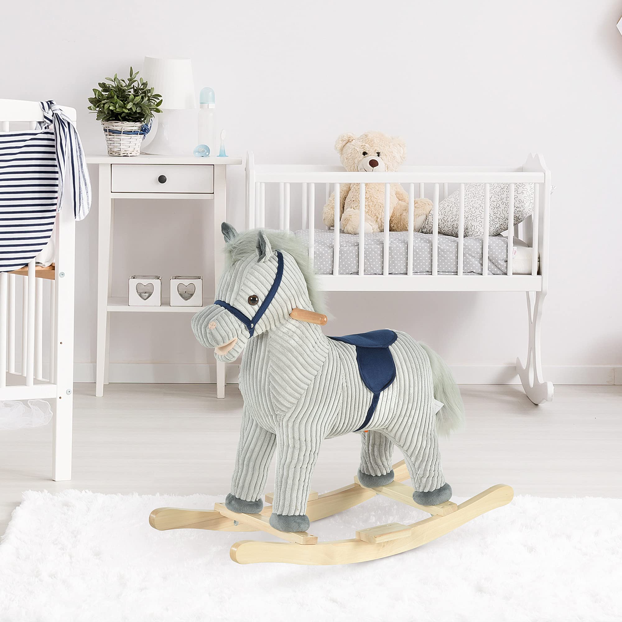 HOMCOM Cavallo a Dondolo per Bambini 3-6 Anni, Cavalluccio a Dondolo Interattivo Riproduce Suoni, in Peluche Grigio, 73x35x64cm