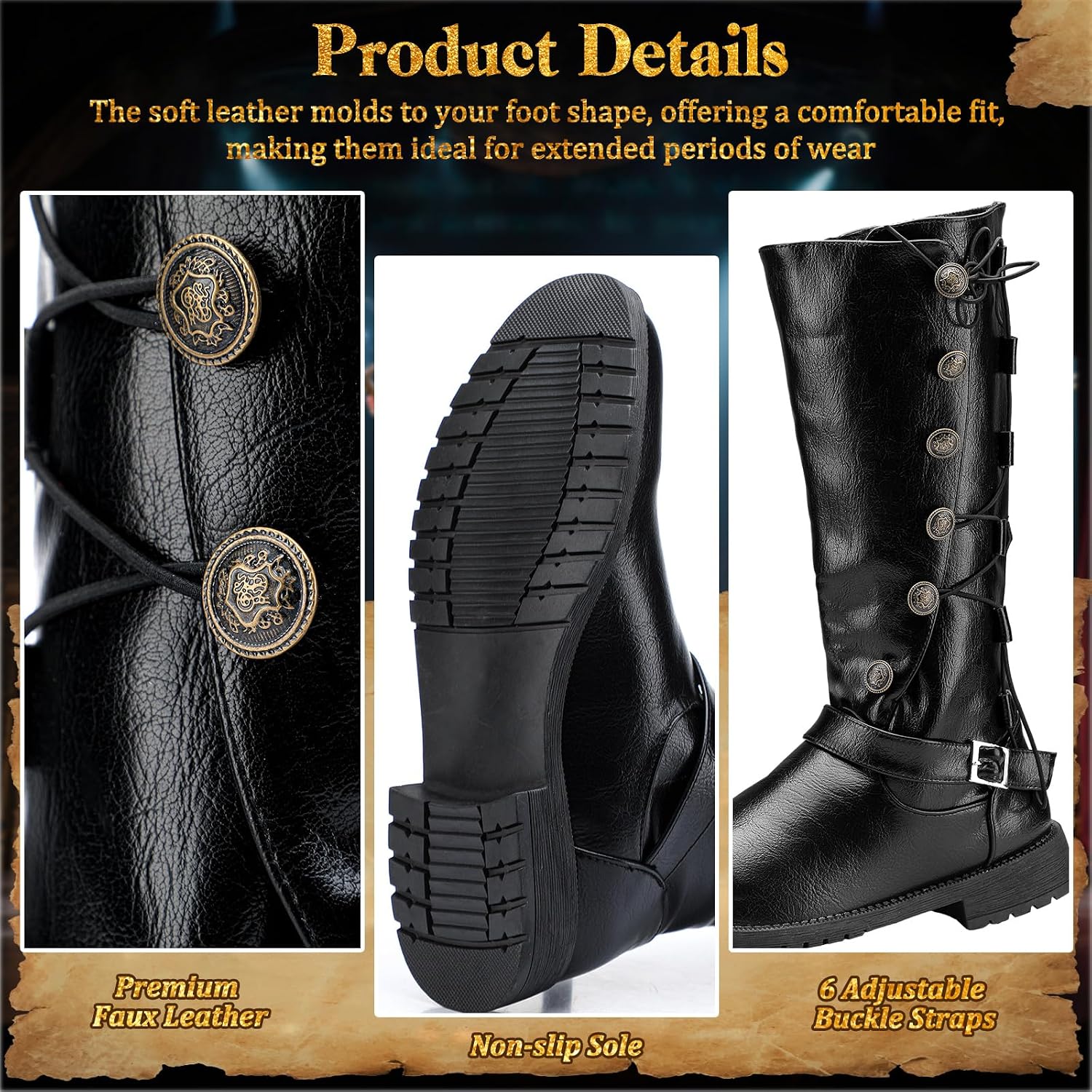 Ramede Medieval Pirate Boots Men Halloween Renaissance Costume Boots Faux Leather Lace up Button Viking Gothic Cosplay Shoes for Men