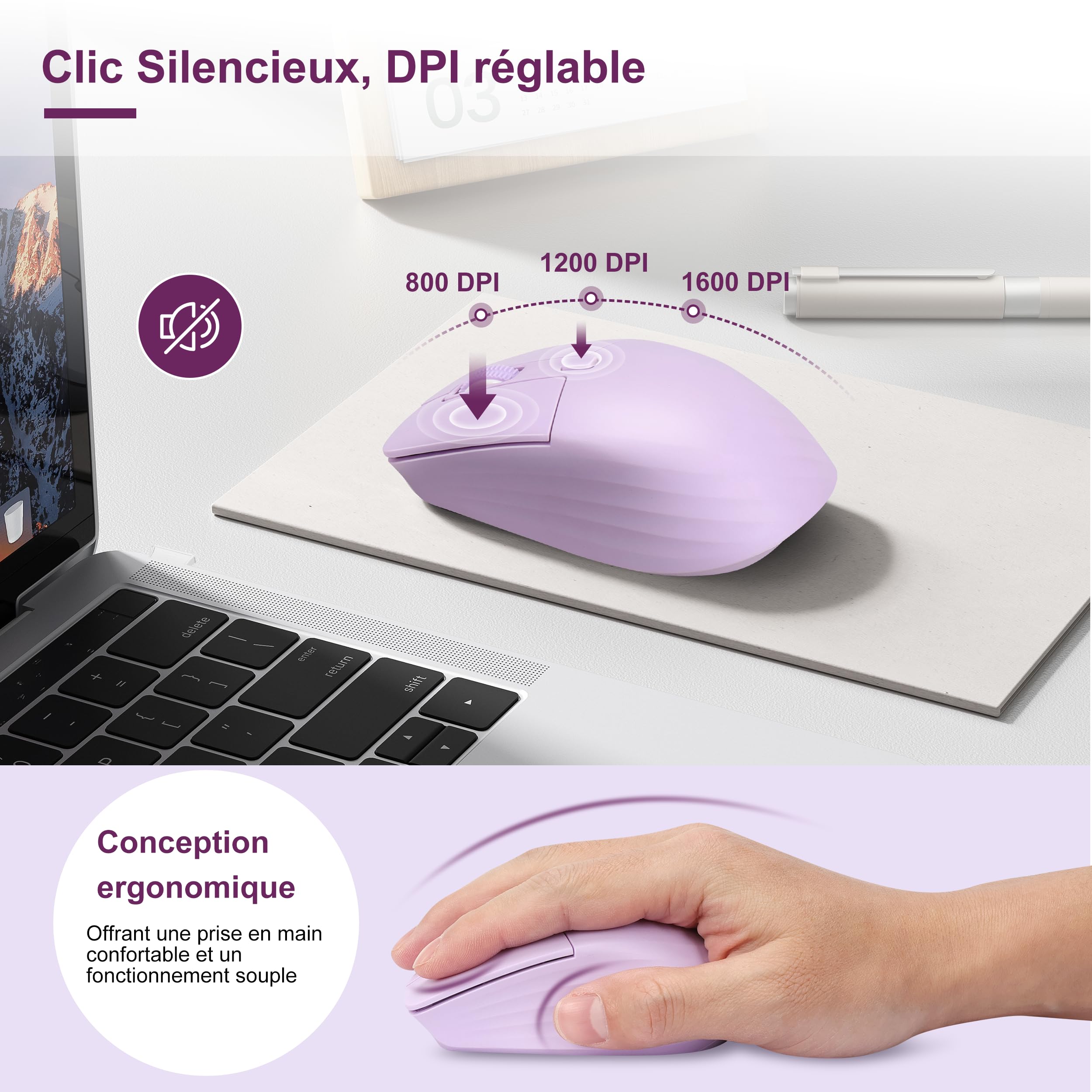LeadsaiL Clavier Souris Mécanique sans Fil, FA98 Low Profile Ensemble Clavier et Souris avec Interrupteur Rouge, Français AZERTY, Connexion 2.4Ghz, 98 Touches for Windows MacOS Computer PC-Pourpre