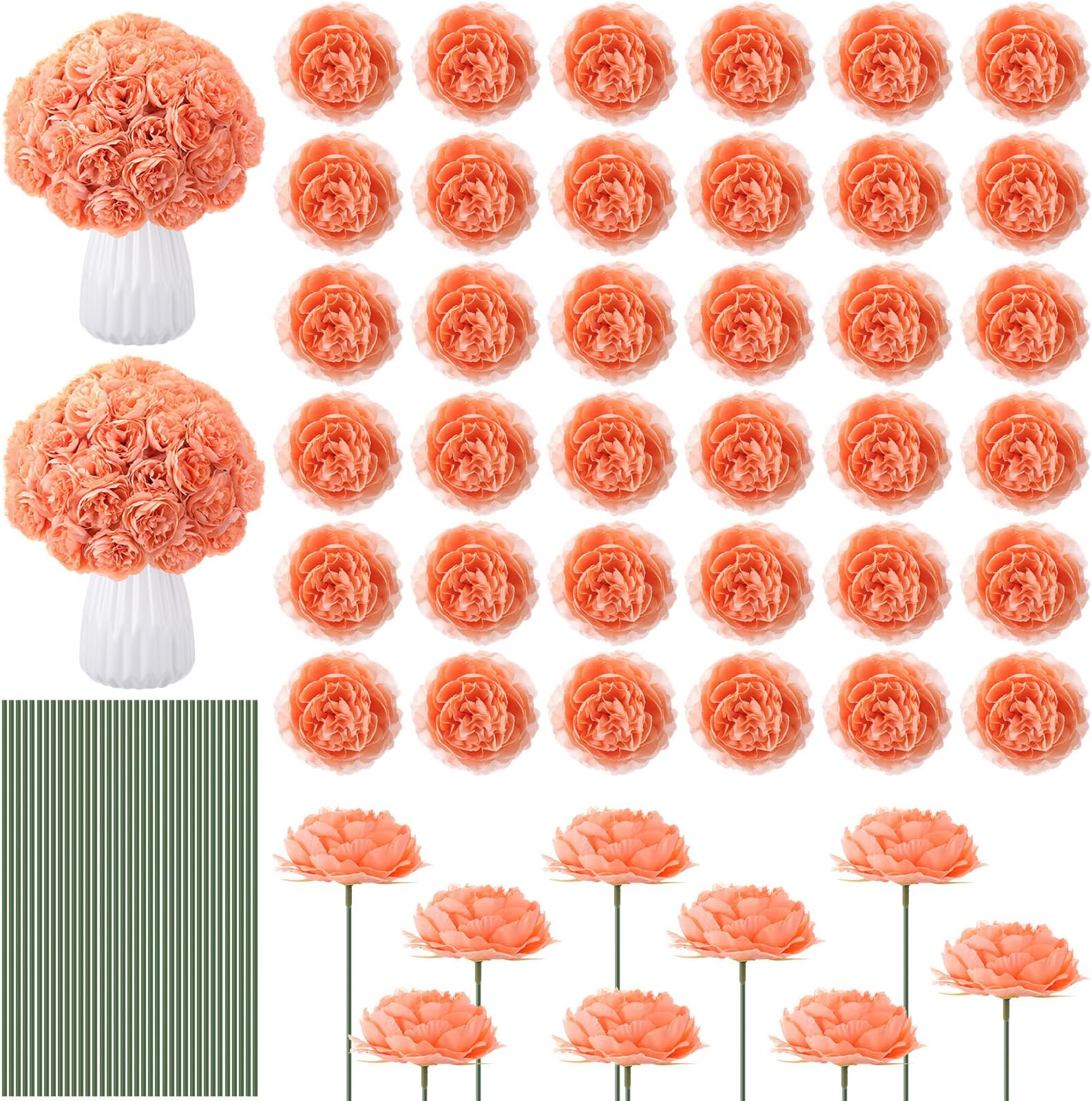 200 Pcs Flowers Long Stem Artificial Rose Bulk, 3.2 Inches Silk Rose Head Flowers Faux for Wedding Bridal Bouquet Independence Day Home Floral DIY Centerpieces Party Decoration(Peach)