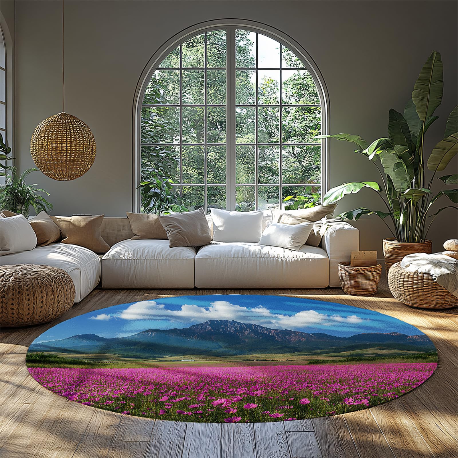 Tapis montagne romantique rond fleurs violettes style ferme 180cm