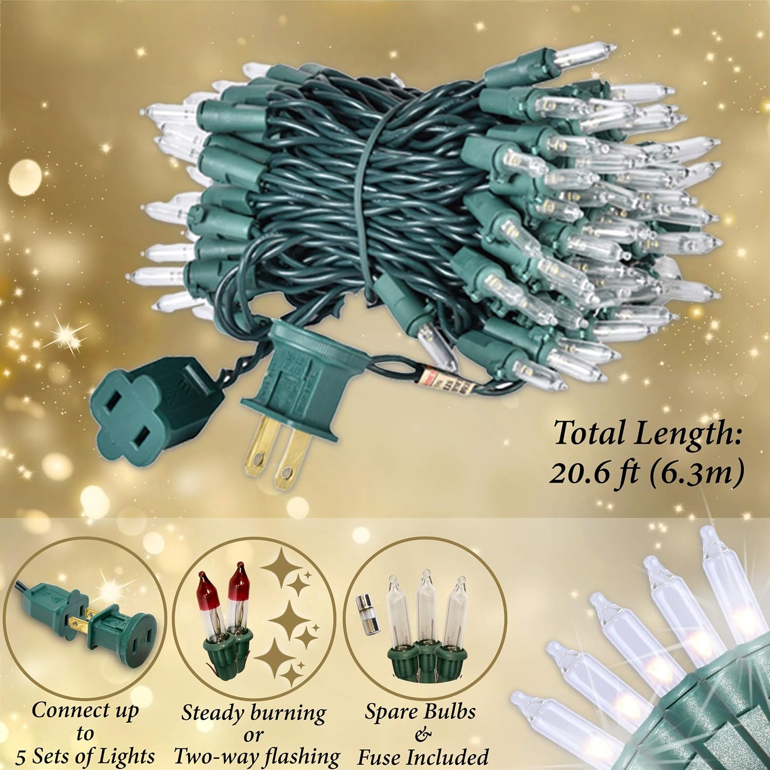 Clear Christmas Lights Green Wire, 100 Incandescent Mini String Lights Set for Indoor Outdoor Holiday Lighting Decoration, Christmas Tree Lights, Static Flashing UL Certified