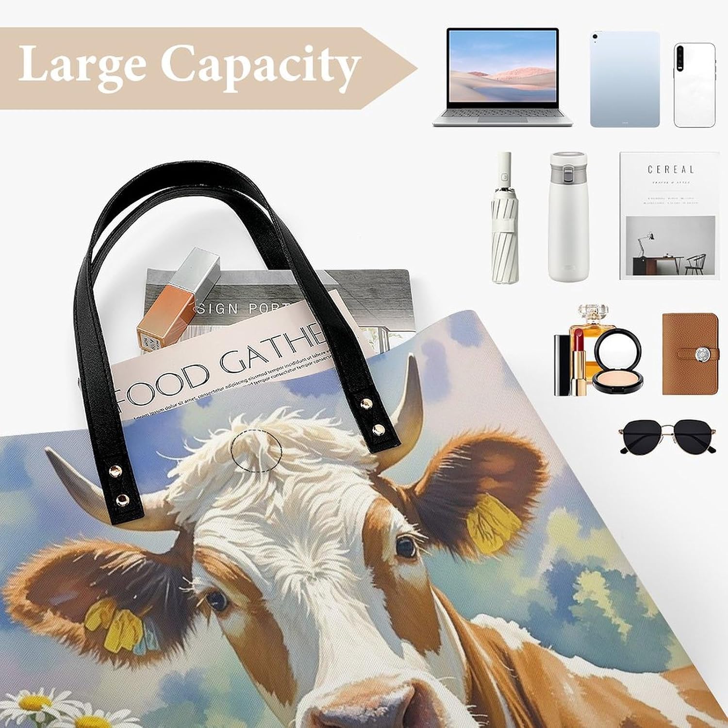 Watercolor Cow And Daisy Flower Tote Bag with Magnetic Buckle Reusable Grocery Bags Lightweight Cross Body Handbag for Daily Essentials