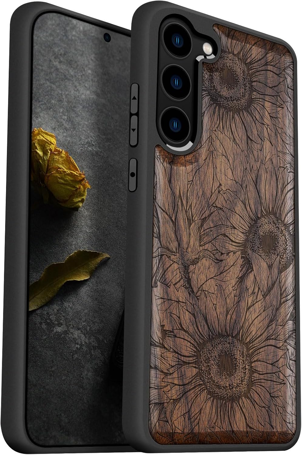 Carveit Wood Case for Galaxy S23 Case [Natural Wood & Black Soft TPU] Shockproof Protective Cover Unique Wooden Design Compatible with Samsung S23 (The Helianthus Sketch-Walnut)