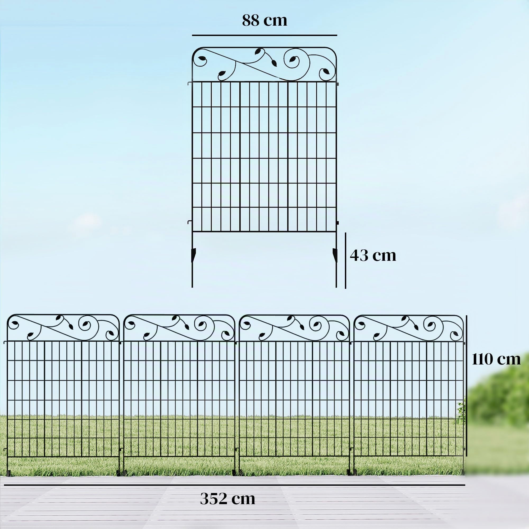 Outsunny Vallas de Jardín Exterior de 4 Paneles 88x110 cm Vallas de Jardín Metálicas Vallas Decorativas con Ángulo Ajustable para Patio Terraza Negro