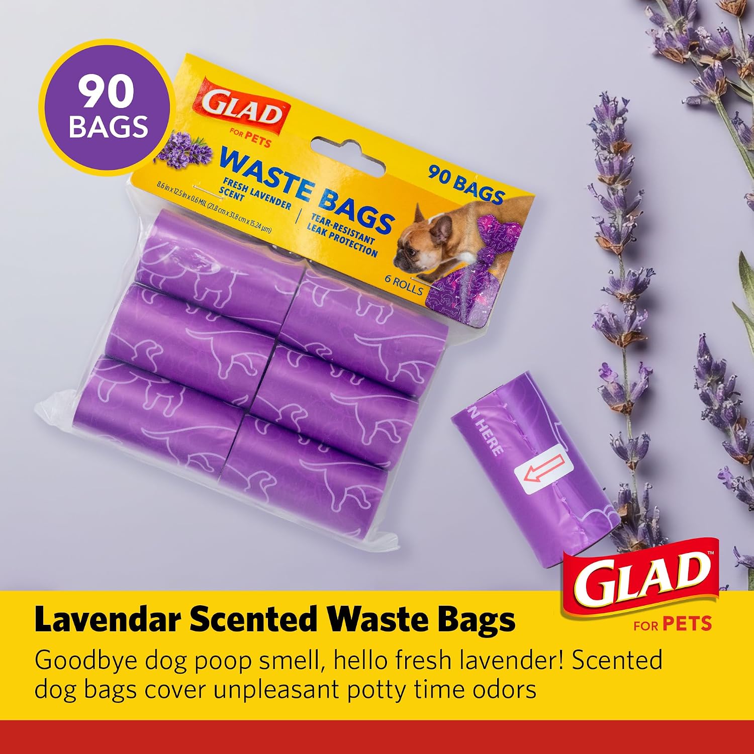 Glad for Pets Scented Dog Waste Bags, Tear-Resistant Pet Poop Pick-up Bags with Leak Protection, Fresh Lavender Scent, Fun Purple Bag Designs, 6 Rolls, 90 Bags Total
